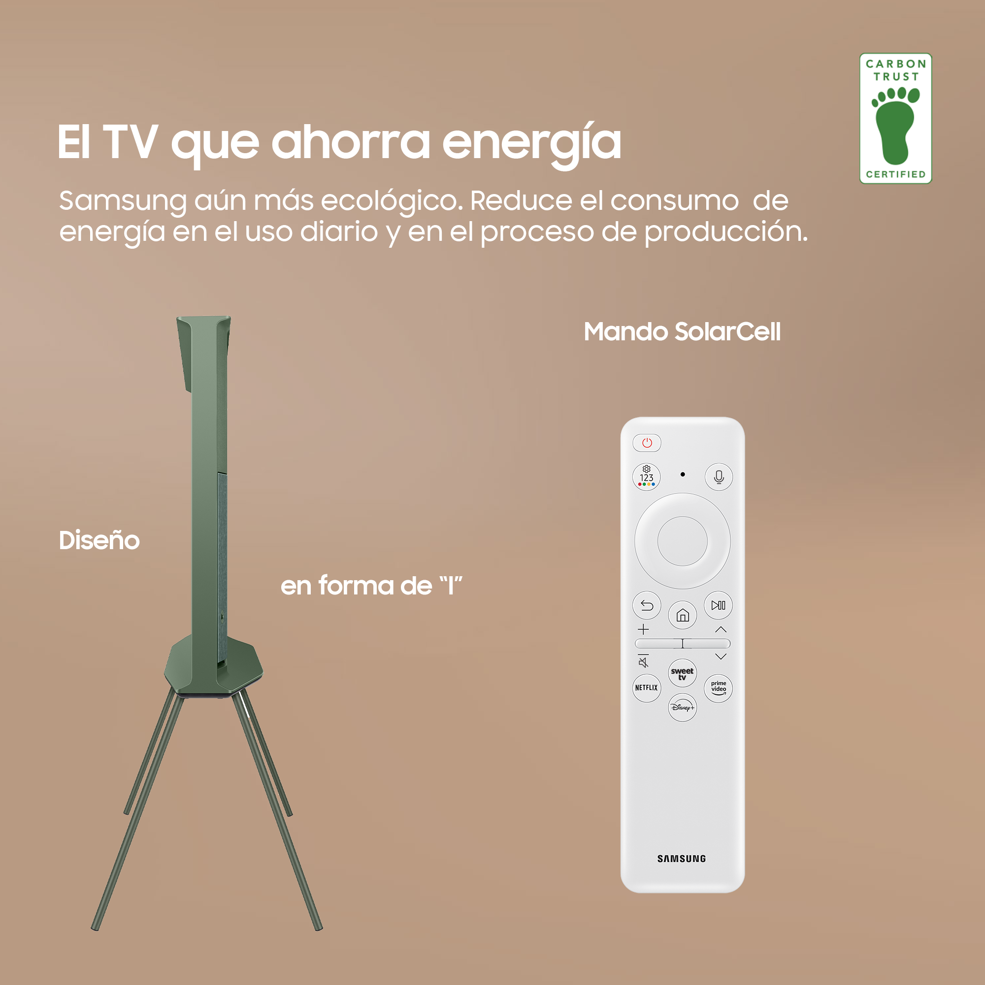 Un soporte verde y un mando a distancia blanco con texto sobre ahorro de energía.
