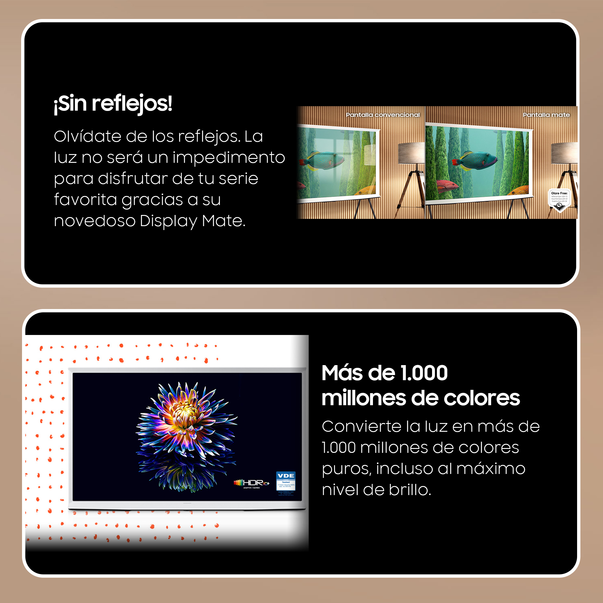Imágenes que muestran pantallas de TV. Una con reflejos, otra sin reflejos y otra con imagen colorida.