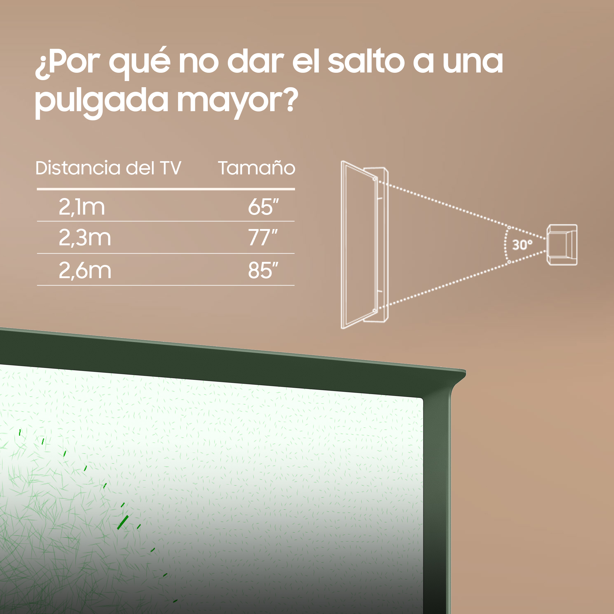 Imagen muestra opciones de tamaño y distancia del TV.