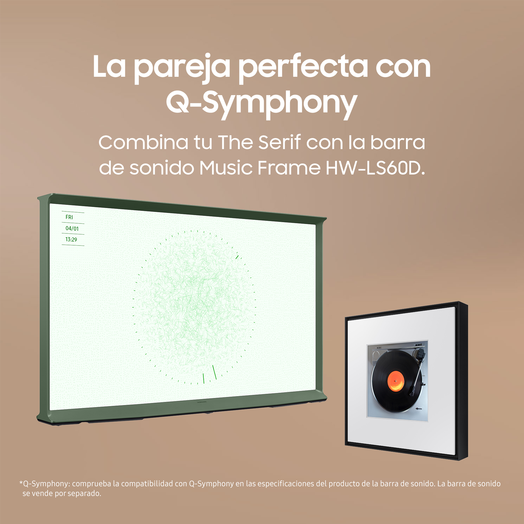 Un televisor moderno con una exhibición de arte digital y un altavoz con marco negro.