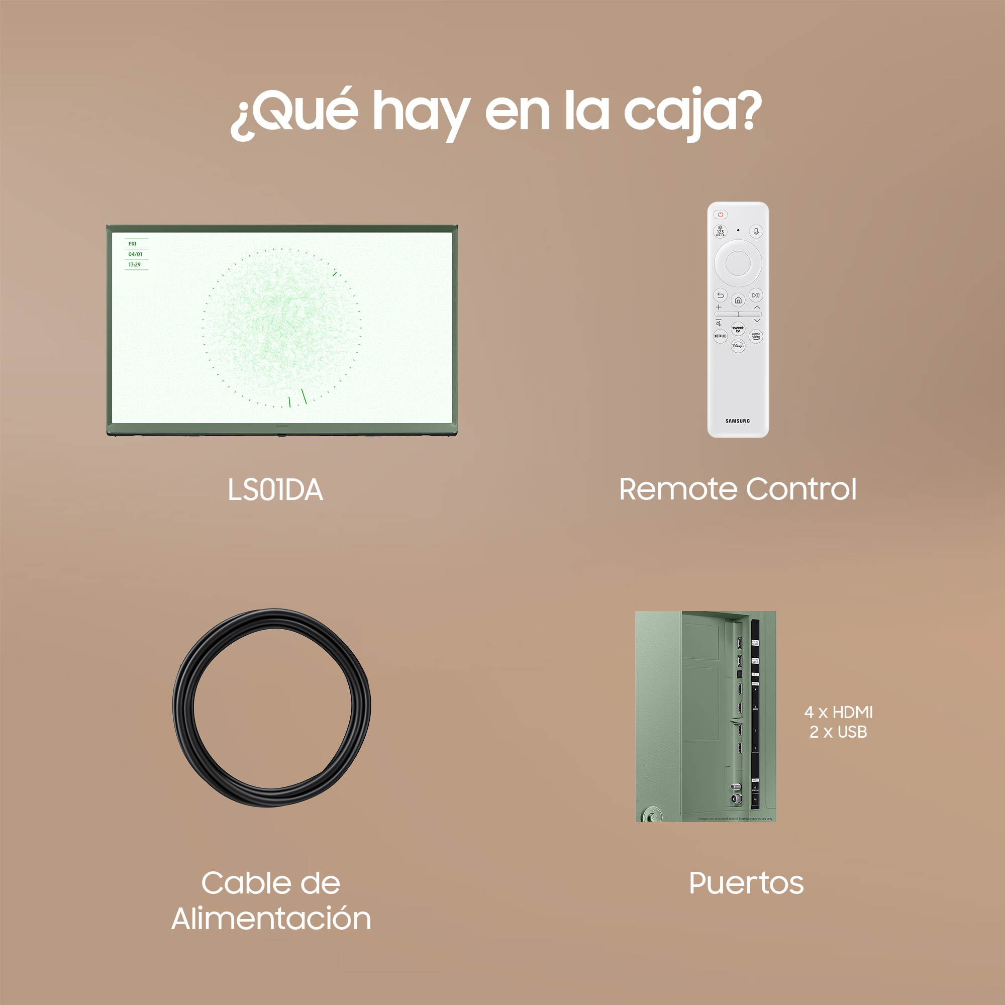 Imagen muestra un televisor, mando a distancia, cable y puertos. El televisor muestra un patrón verde y blanco.