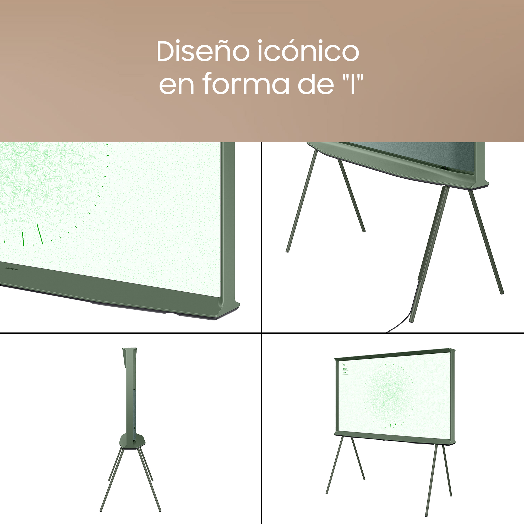 Múltiples vistas de un televisor verde sobre un soporte, mostrando el diseño y el factor de forma.
