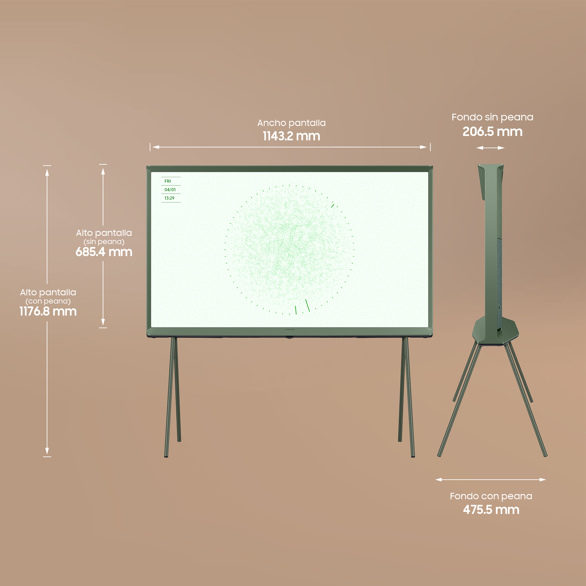 Smart TV blanco con medidas mostradas, sobre un soporte. Vista lateral muestra el grosor.