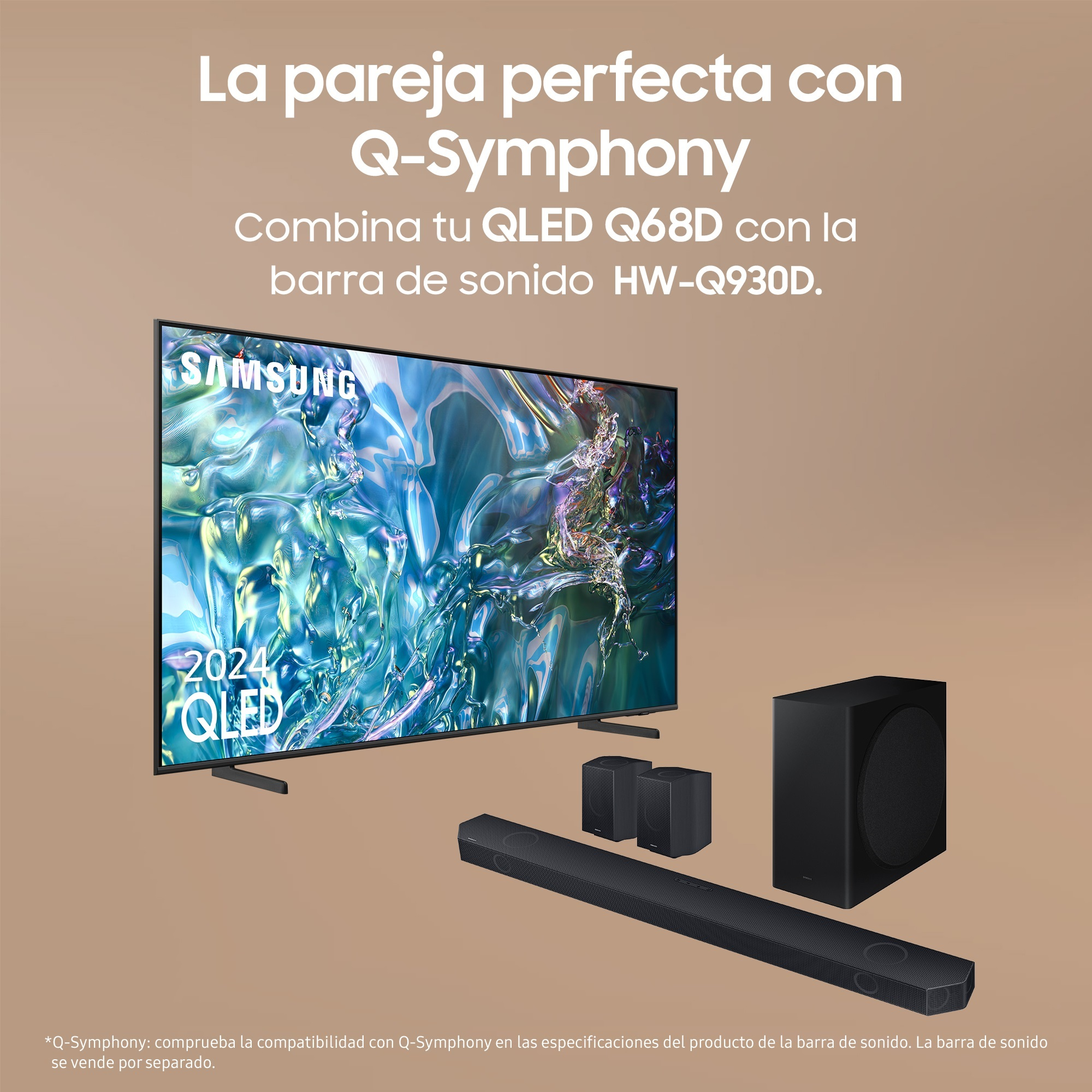 Configuración de TV y barra de sonido con altavoz y subwoofer. Texto: 'La pareja perfecta con Q-Symphony'.