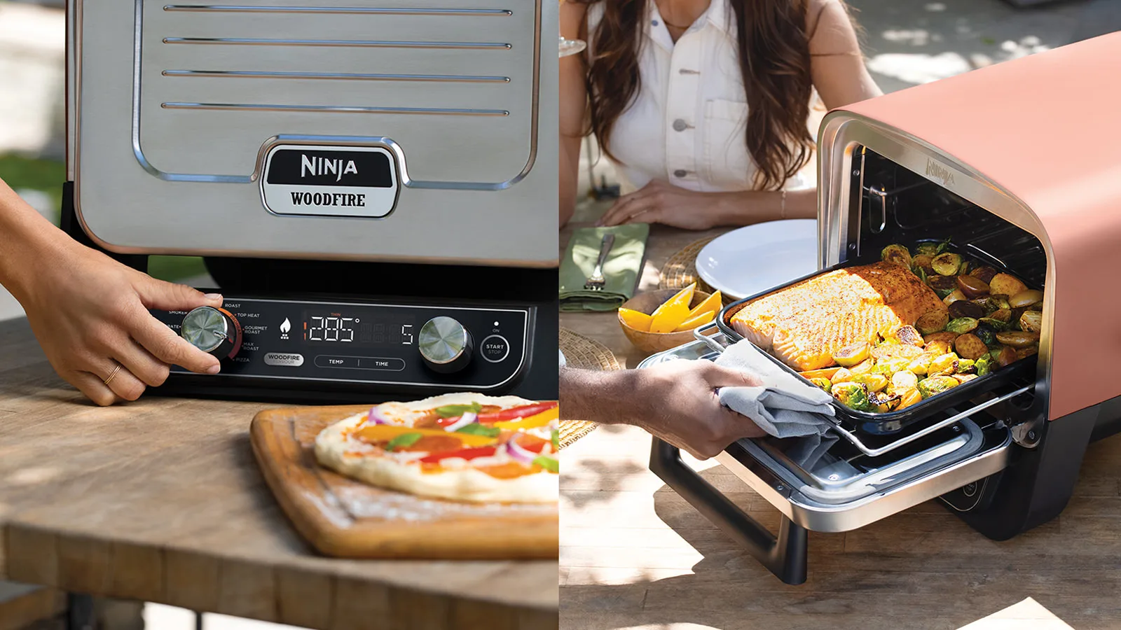 Ninja Woodfire grill étellel. Személy beállítja a beállításokat, pizza és sütő.
