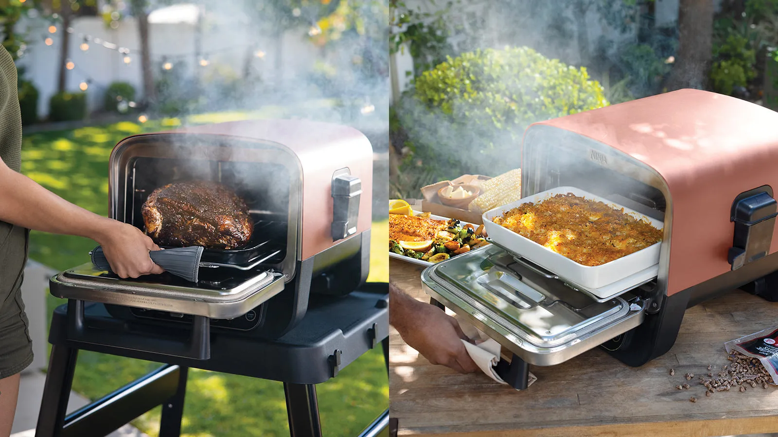 Két kültéri grill használatban. Az egyik hússal, a másik rakott étellel. Emberek grilleznek.