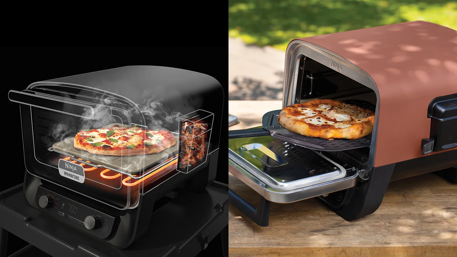 Pizzasütő, amely a belsejét mutatja, pizzát süt, jobbra egy pizza.