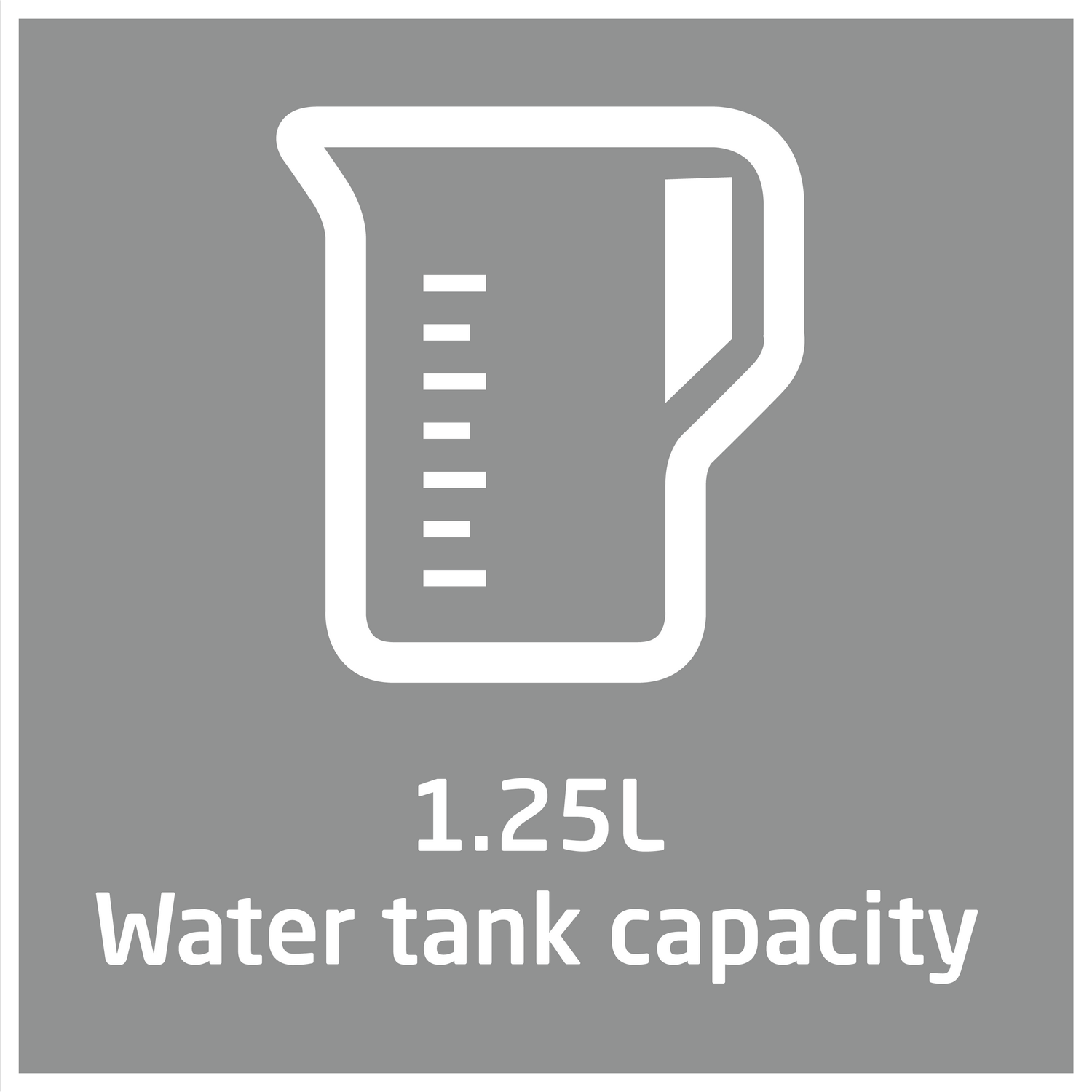 Un icono blanco de una jarra medidora con el texto '1.25L Capacidad del depósito de agua' sobre fondo gris.