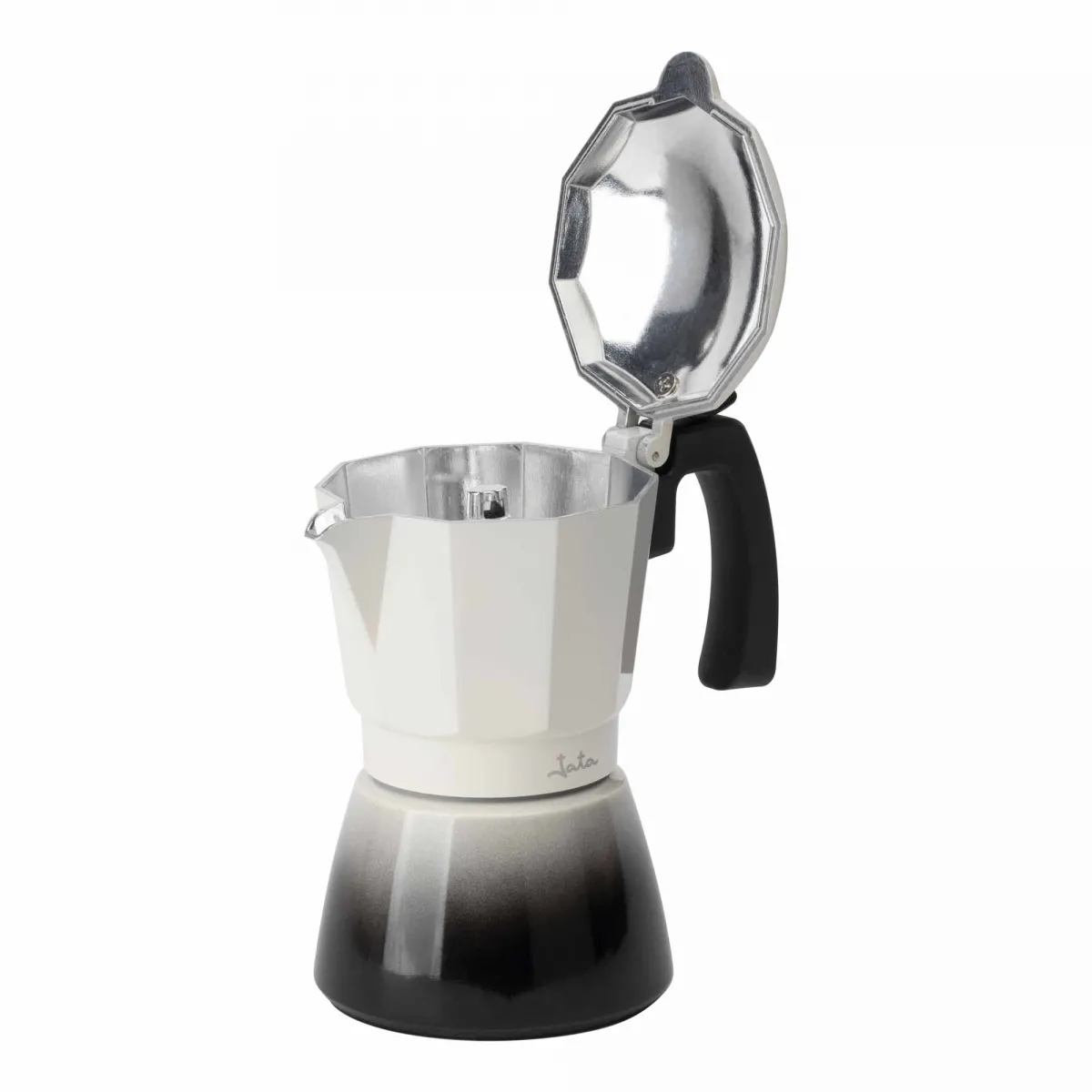 Cafetera italiana con la tapa abierta. Blanco y negro.