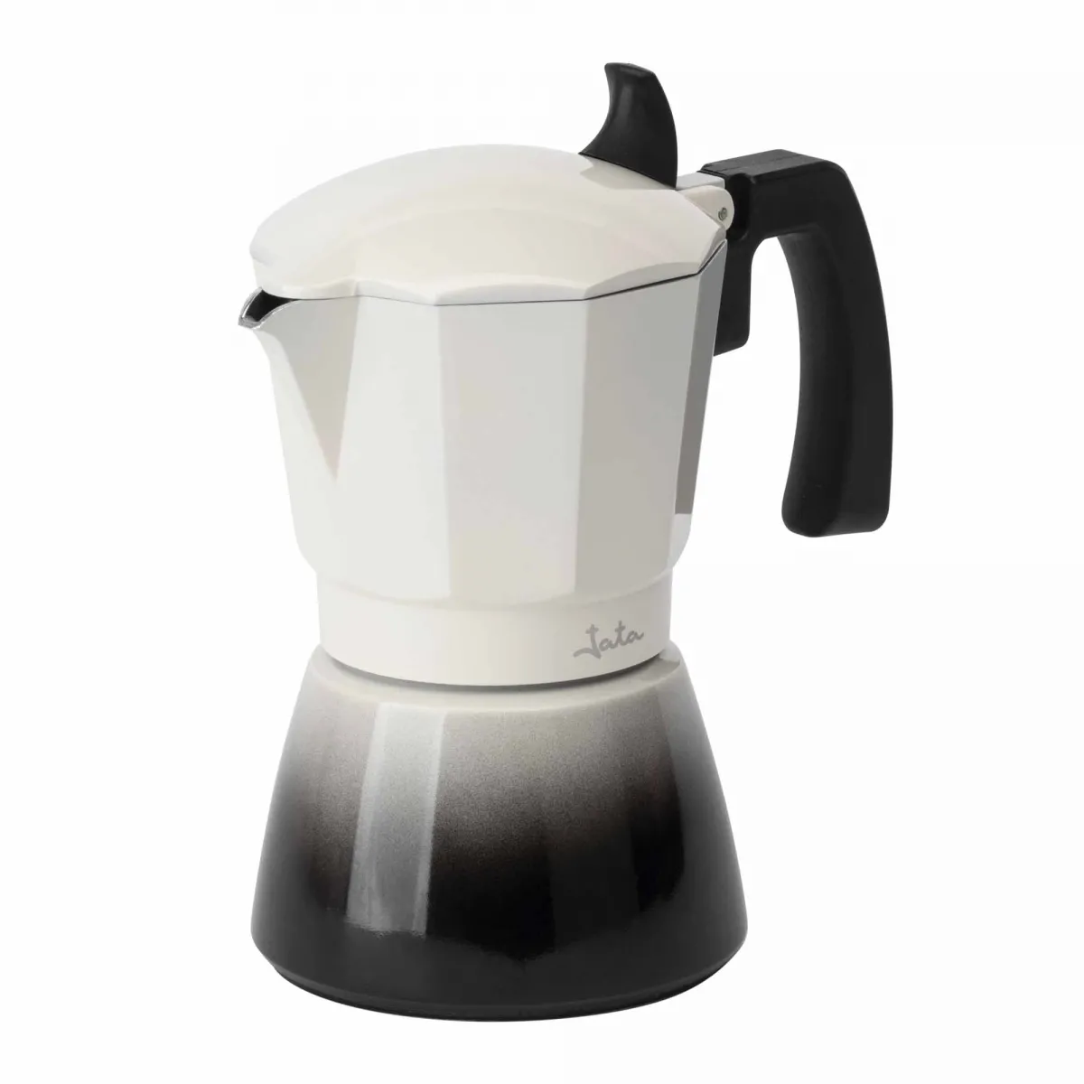 Cafetera blanca y negra. La parte superior tiene un asa y una boquilla negras. Vista lateral.