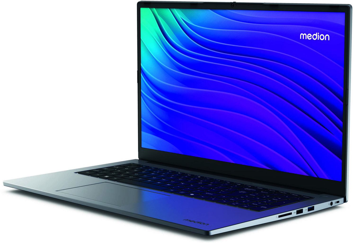Un portátil Medion plateado abierto con patrón ondulado azul-verde en la pantalla.