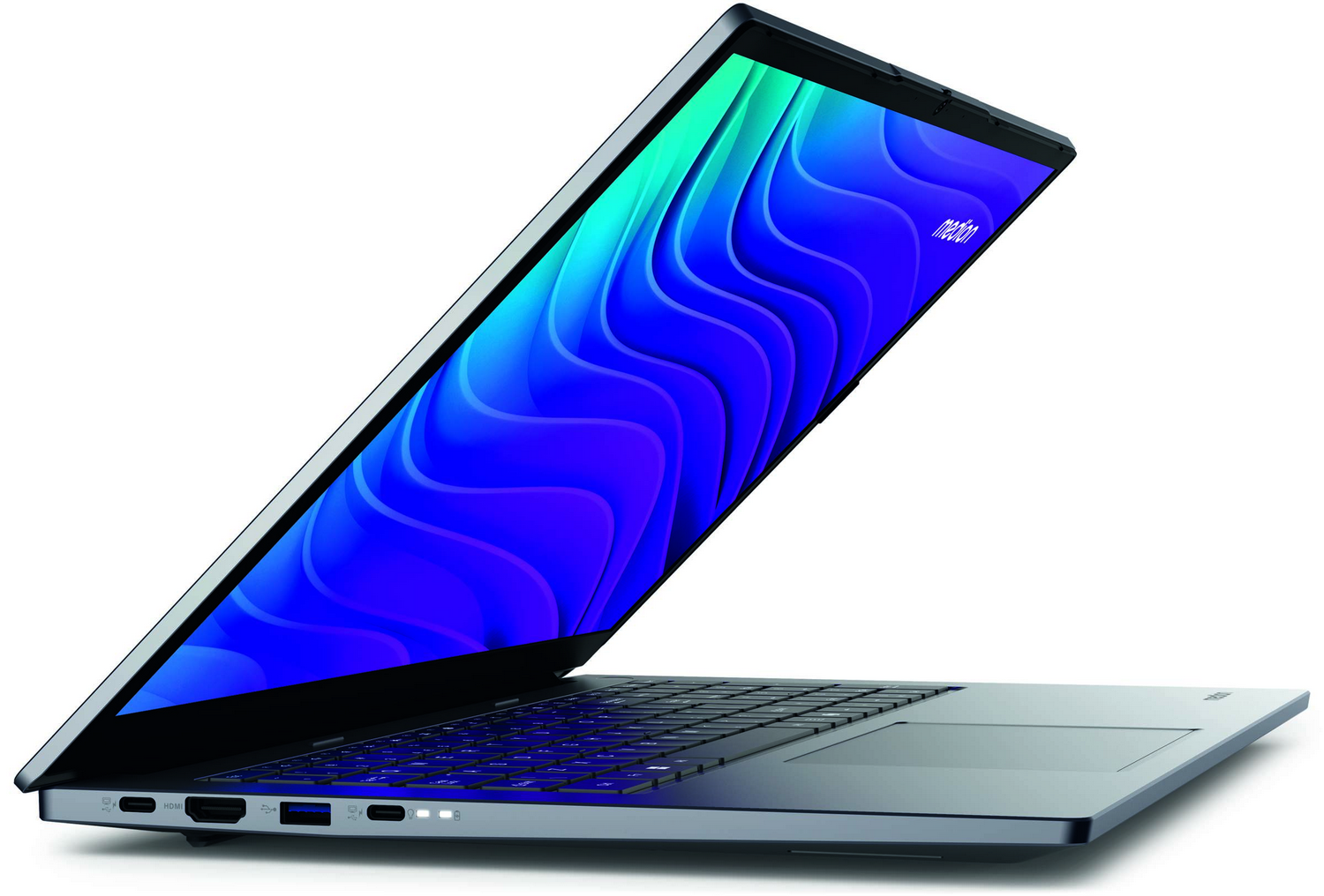 Un portátil abierto con un patrón ondulado azul y verde en la pantalla y teclado retroiluminado.