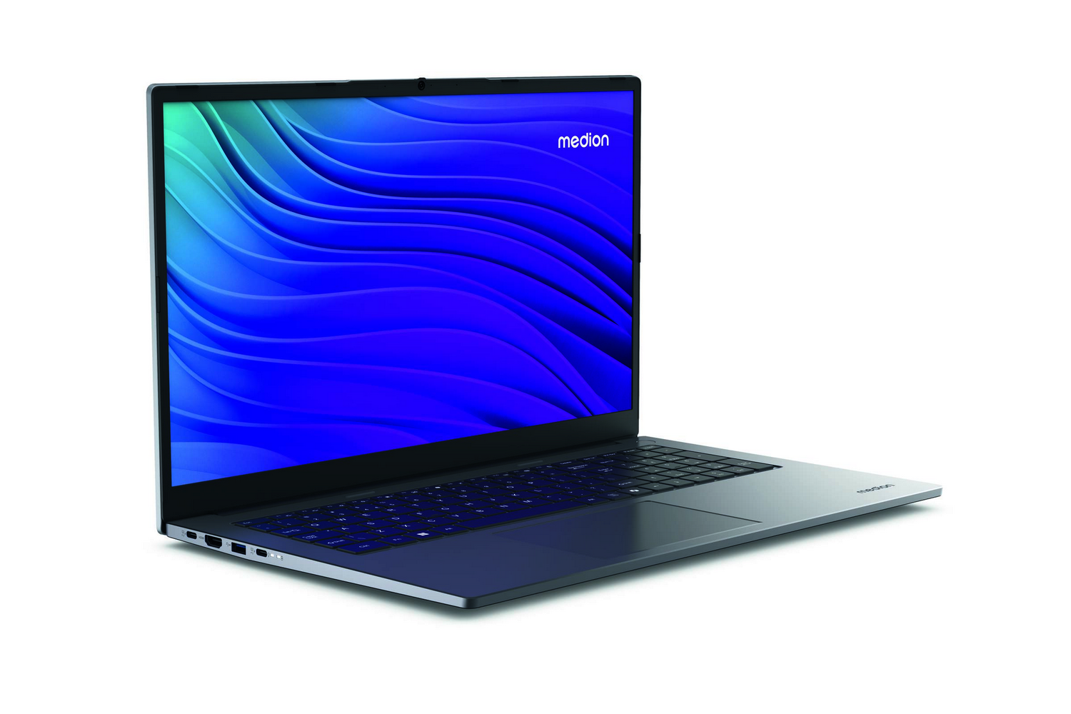 Un portátil abierto con un fondo azul ondulado en la pantalla.