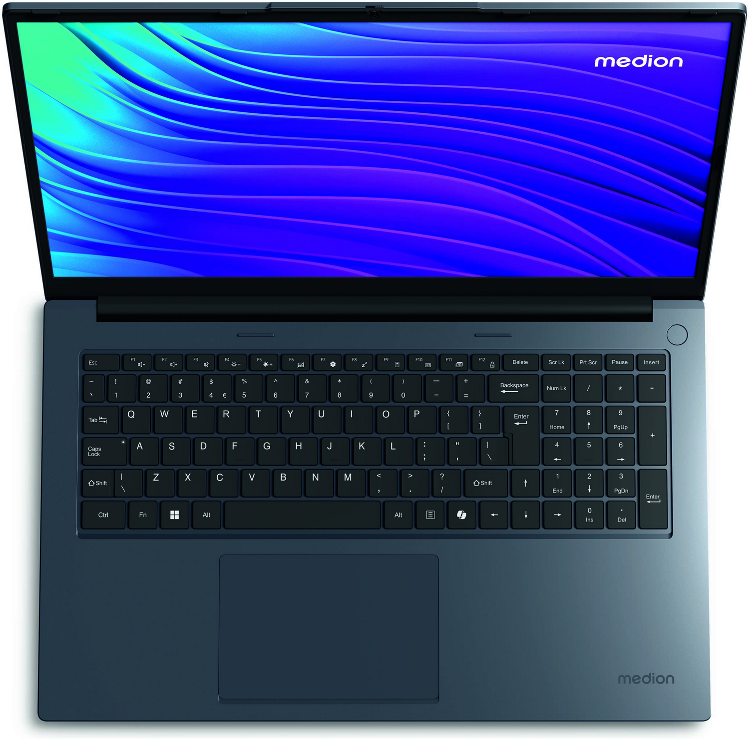 Un portátil Medion azul oscuro con pantalla y teclado iluminados.