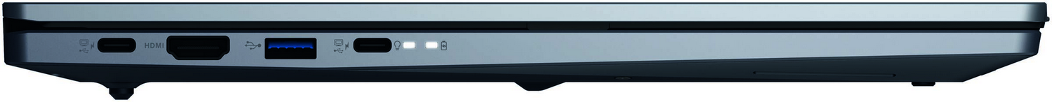 Vista lateral de un portátil mostrando puertos: USB-C, HDMI, USB-A, ranura para tarjeta SD y luces indicadoras.
