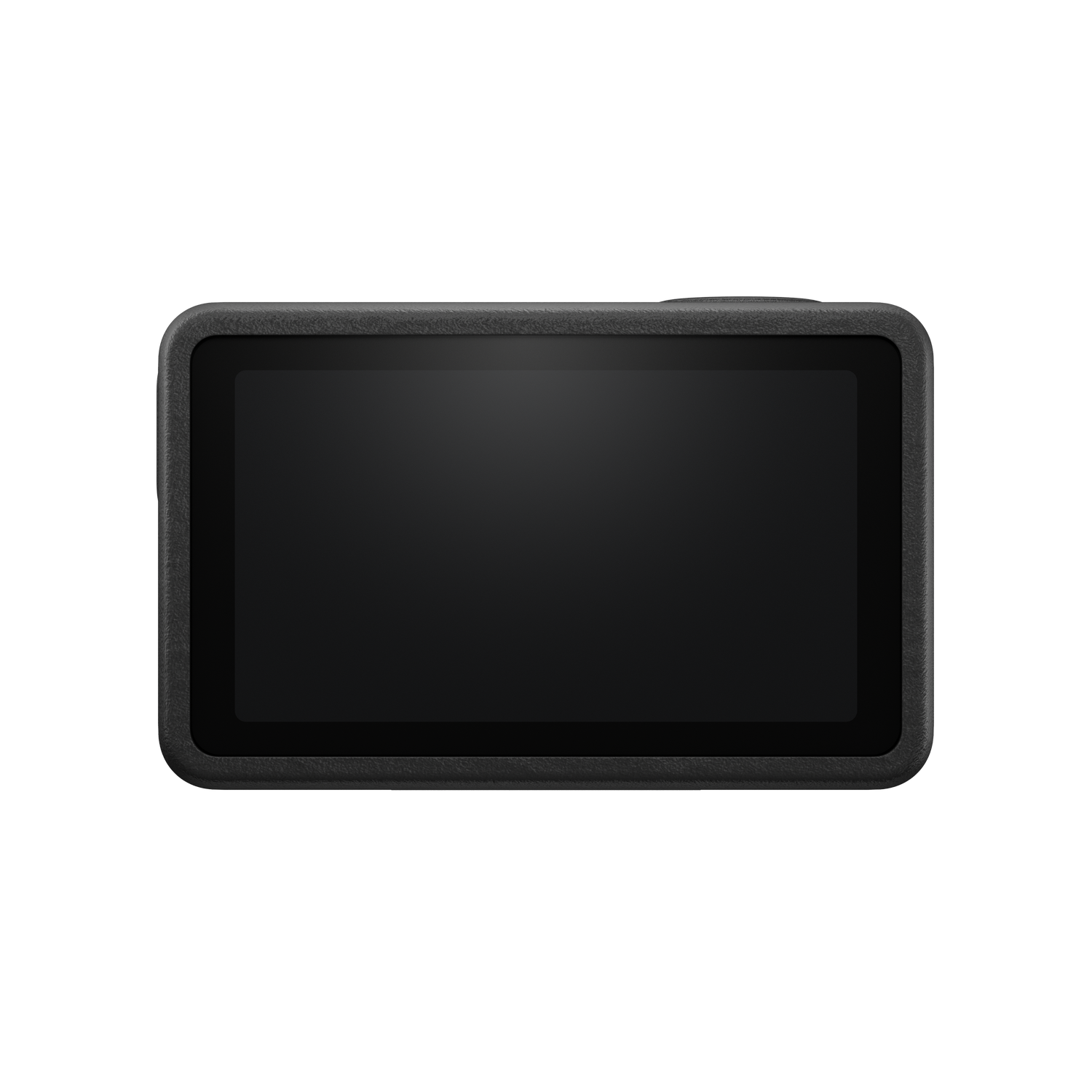 Un dispositivo rectangular negro con pantalla táctil, sobre fondo negro.