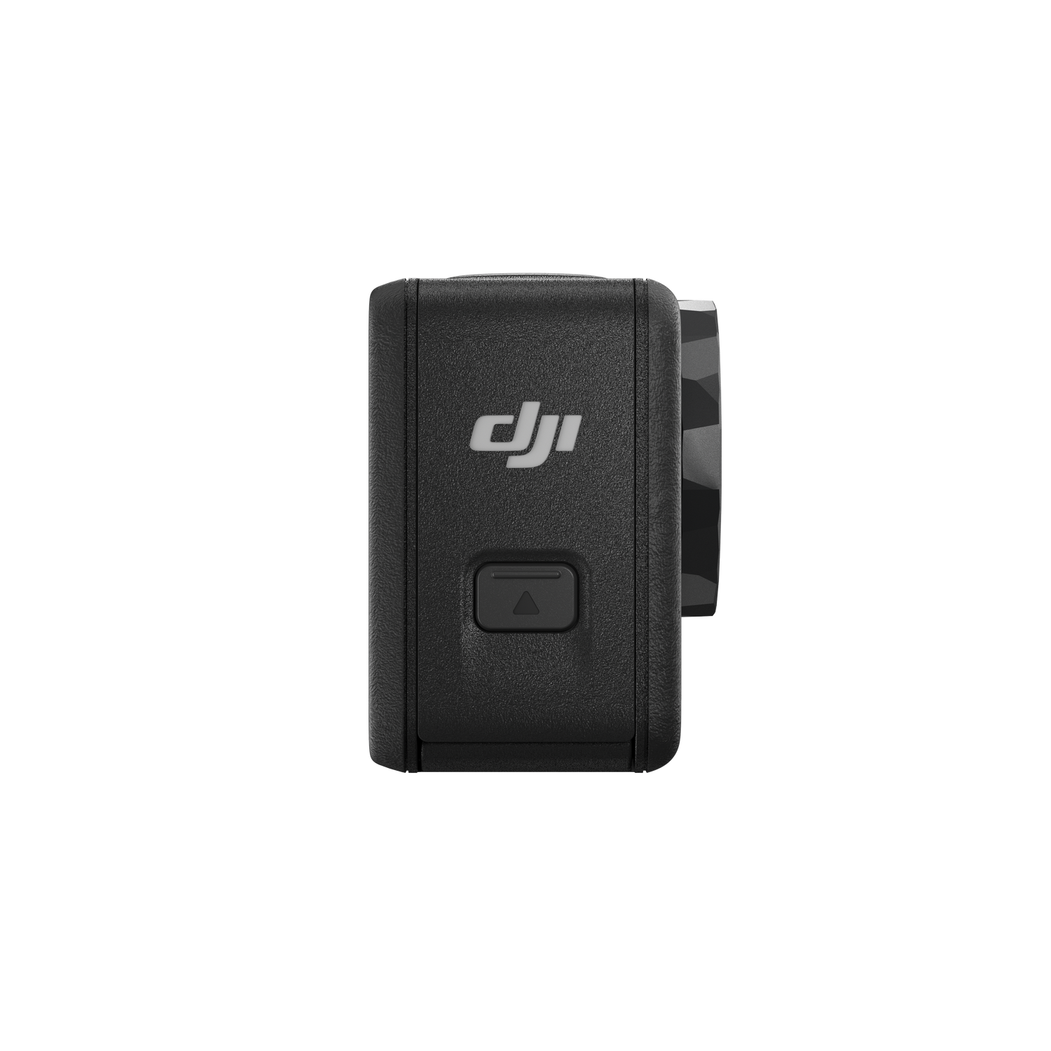 Cámara de acción DJI, negra. Vista lateral, con botón y logo DJI.
