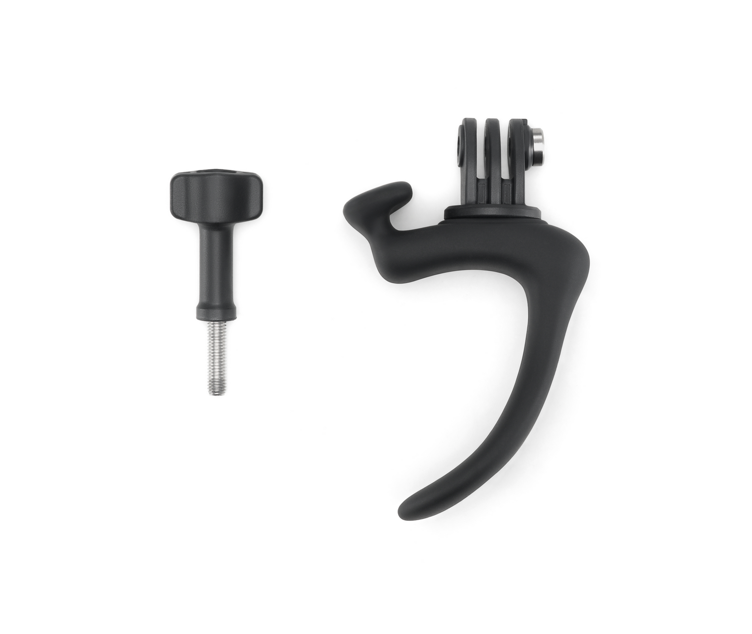 Dos accesorios negros para cámara GoPro sobre fondo blanco. Uno es un tornillo con mango, el otro es un soporte curvo.