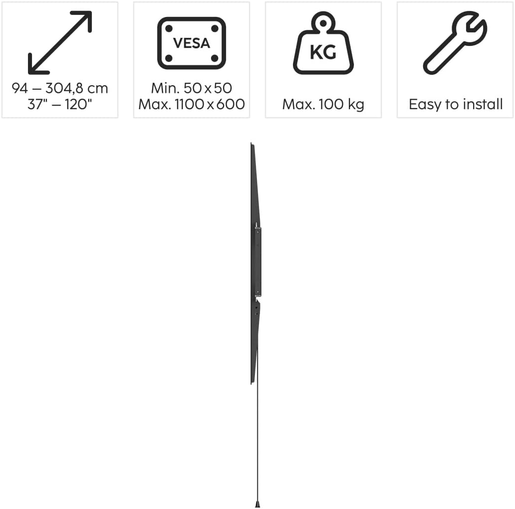 Diagrama que muestra medidas y especificaciones para un soporte de pared, con iconos.