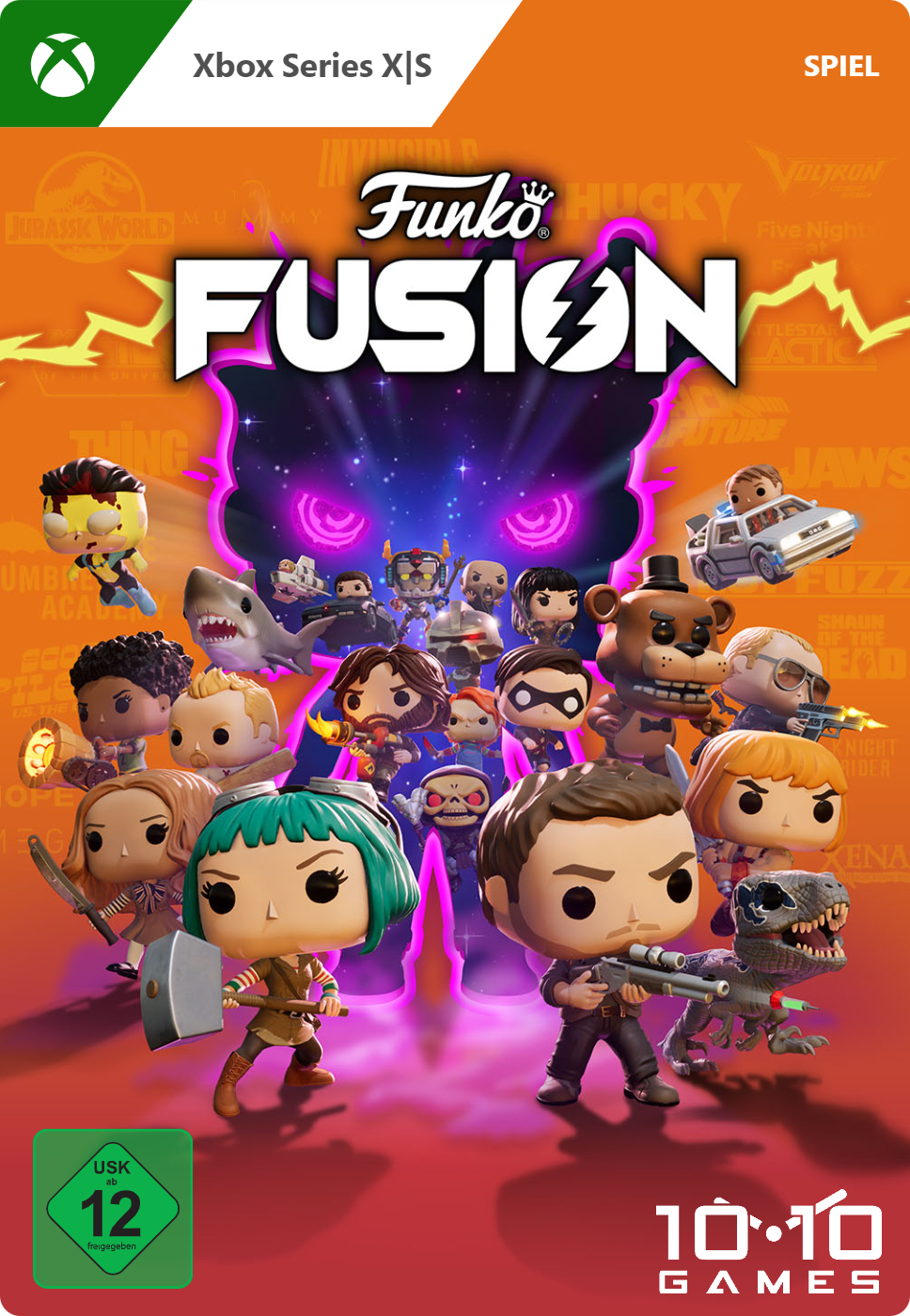 Funko Fusion Xbox Series X|S-Spielcover. Zeigt eine Gruppe von Funko Pop-Figuren aus verschiedenen Franchises.