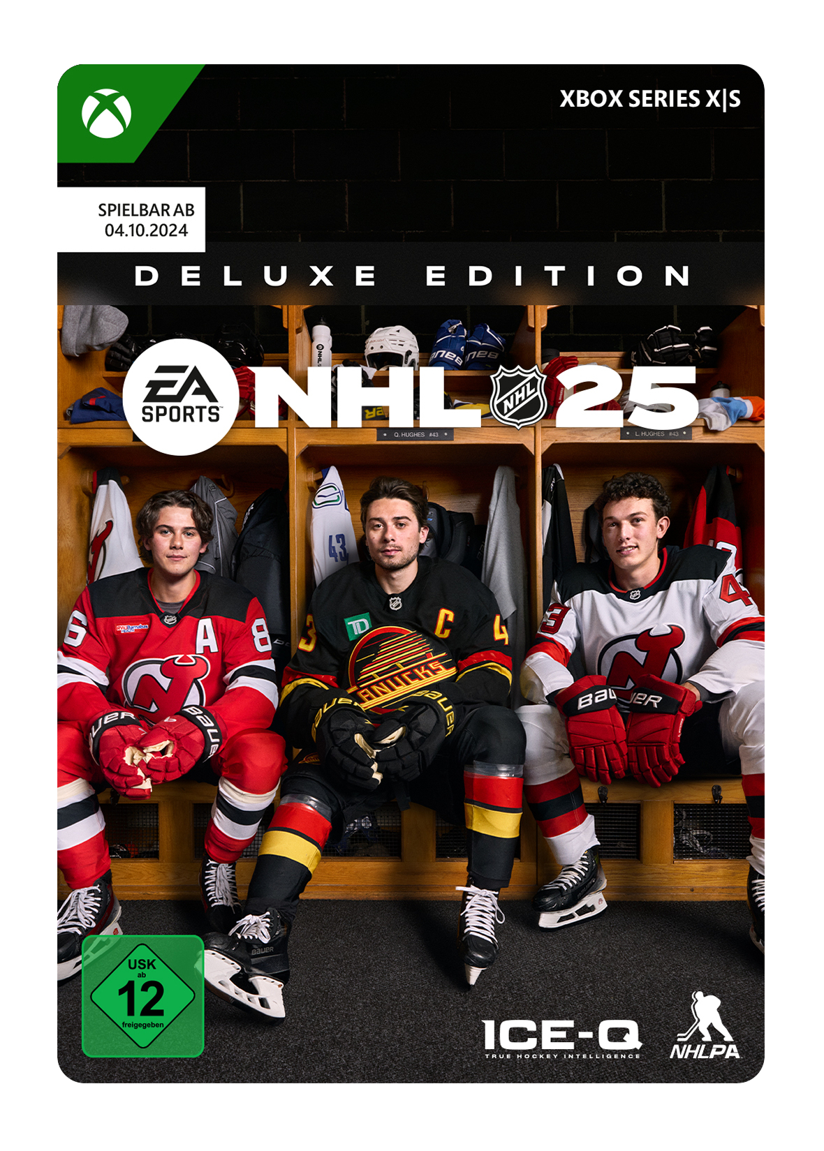 NHL 25 Deluxe Edition Spielhülle. Drei Hockeyspieler in der Umkleidekabine. EA Sports Logo und Xbox Logo in der Ecke.