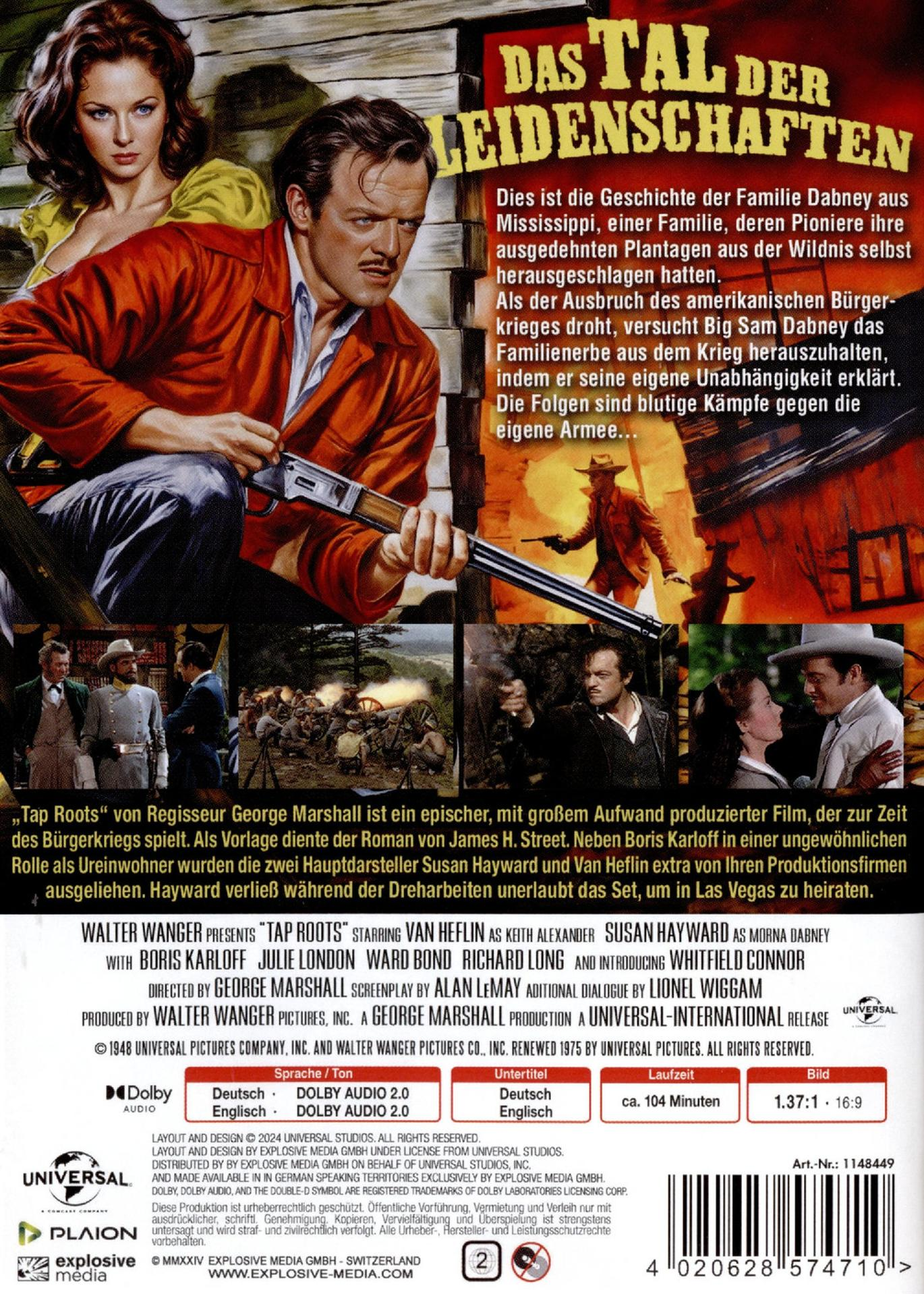 DVD-Cover: Das Tal der Leidenschaften. Mann mit Gewehr. Frau in Rot. Text und Schauspieler aufgelistet.