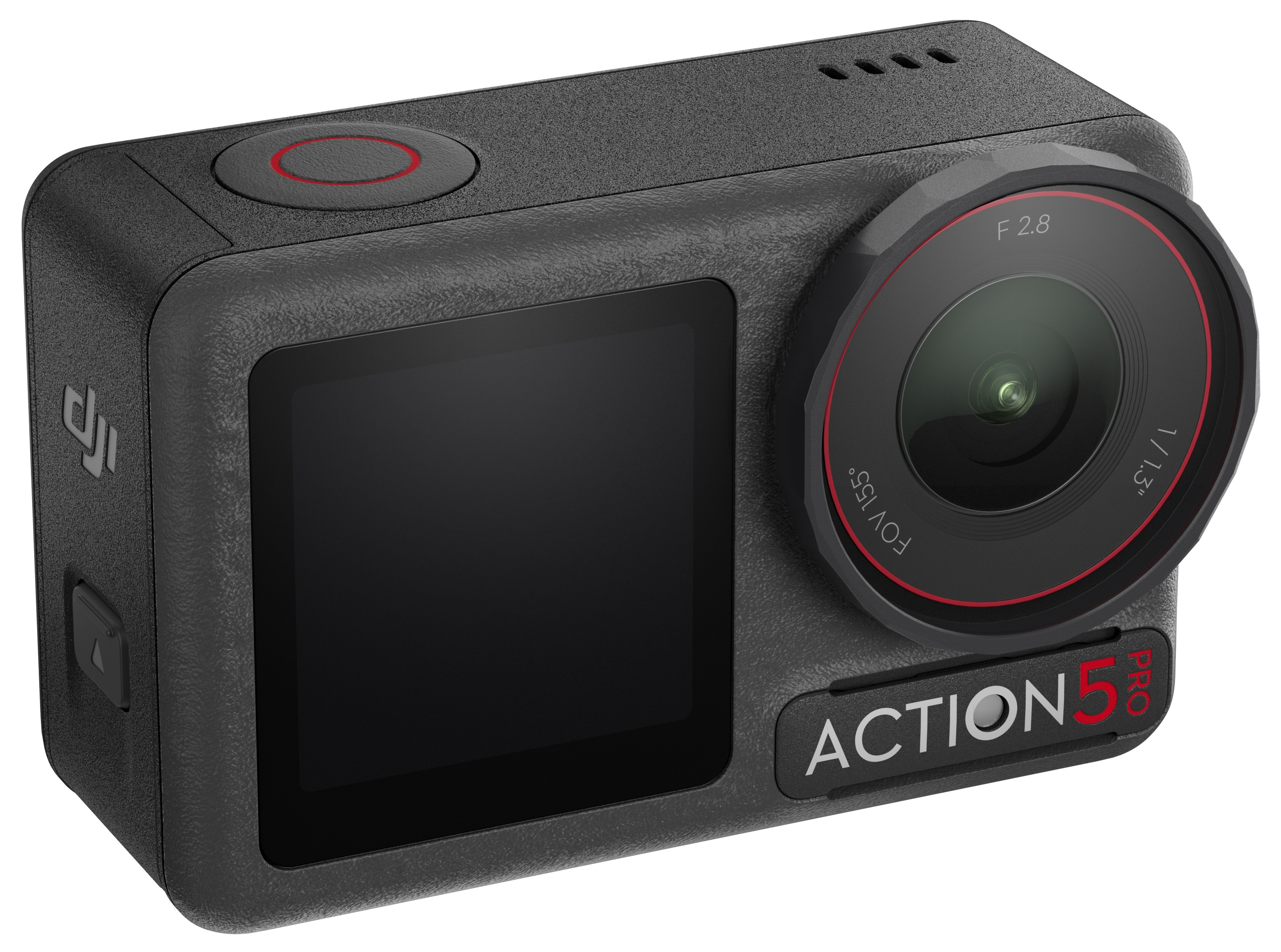 Czarna kamera sportowa, ma obiektyw, ekran i logo Action 5 Pro, na białym tle.