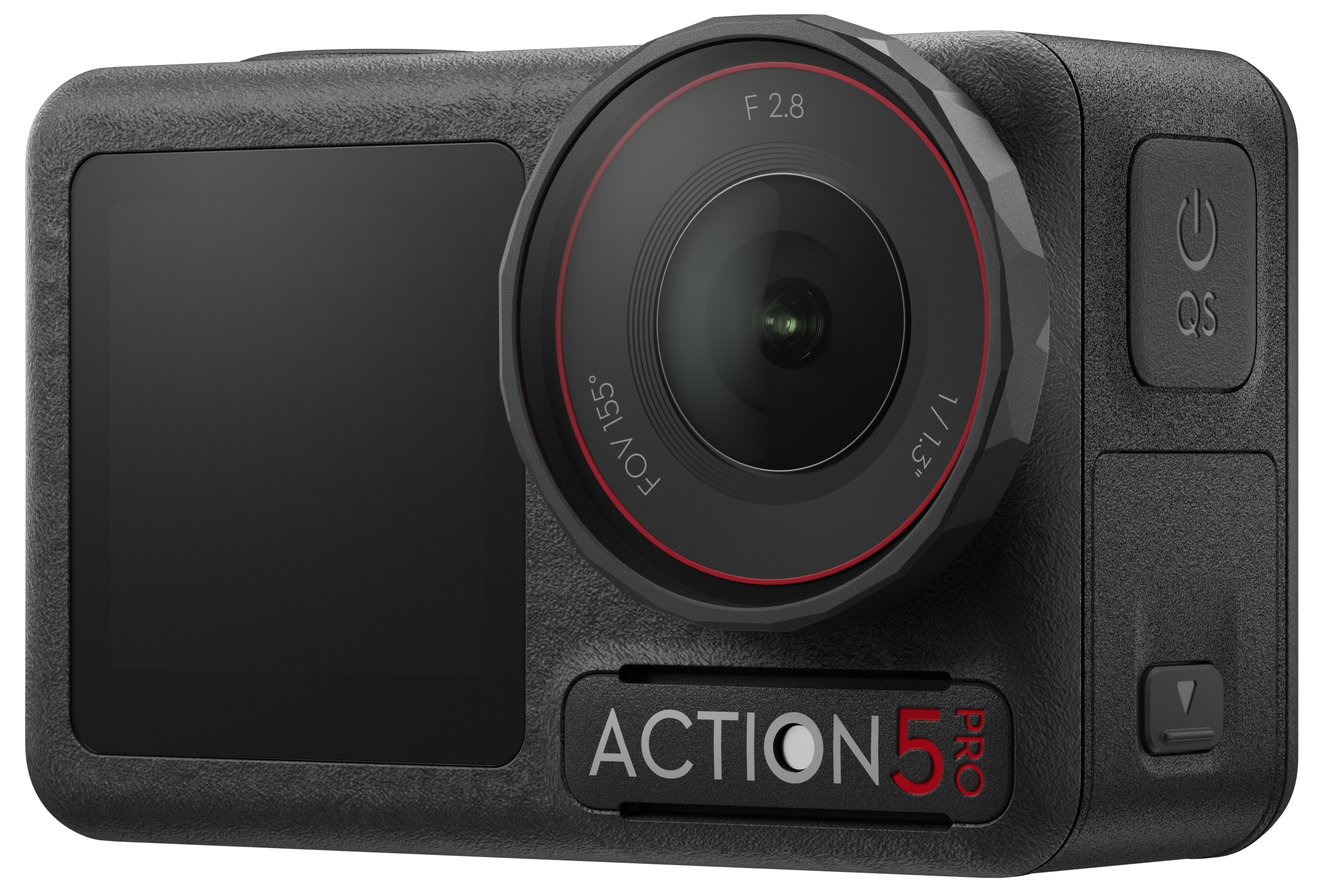 Czarna kamera Action 5 Pro z obiektywem i przyciskami. Słowo ACTION 5 Pro jest wyraźnie widoczne.
