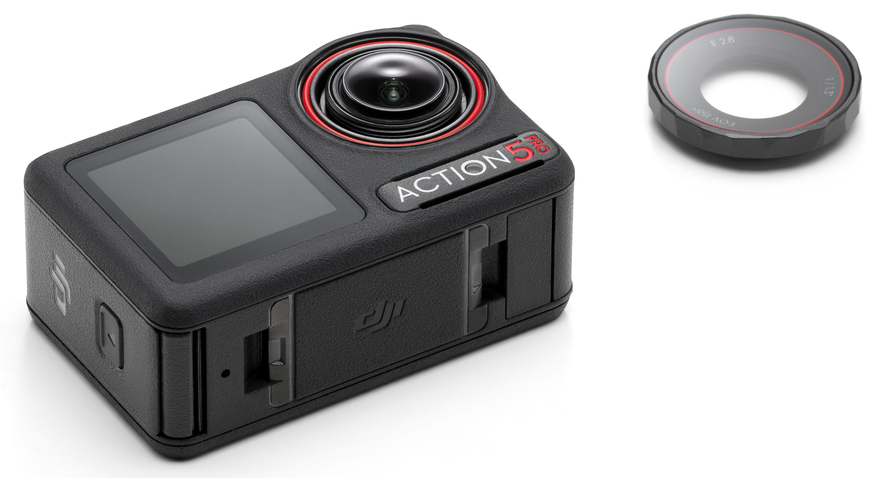 Kamera sportowa z czarną obudową i obiektywem oraz oddzielnym filtrem obiektywu.