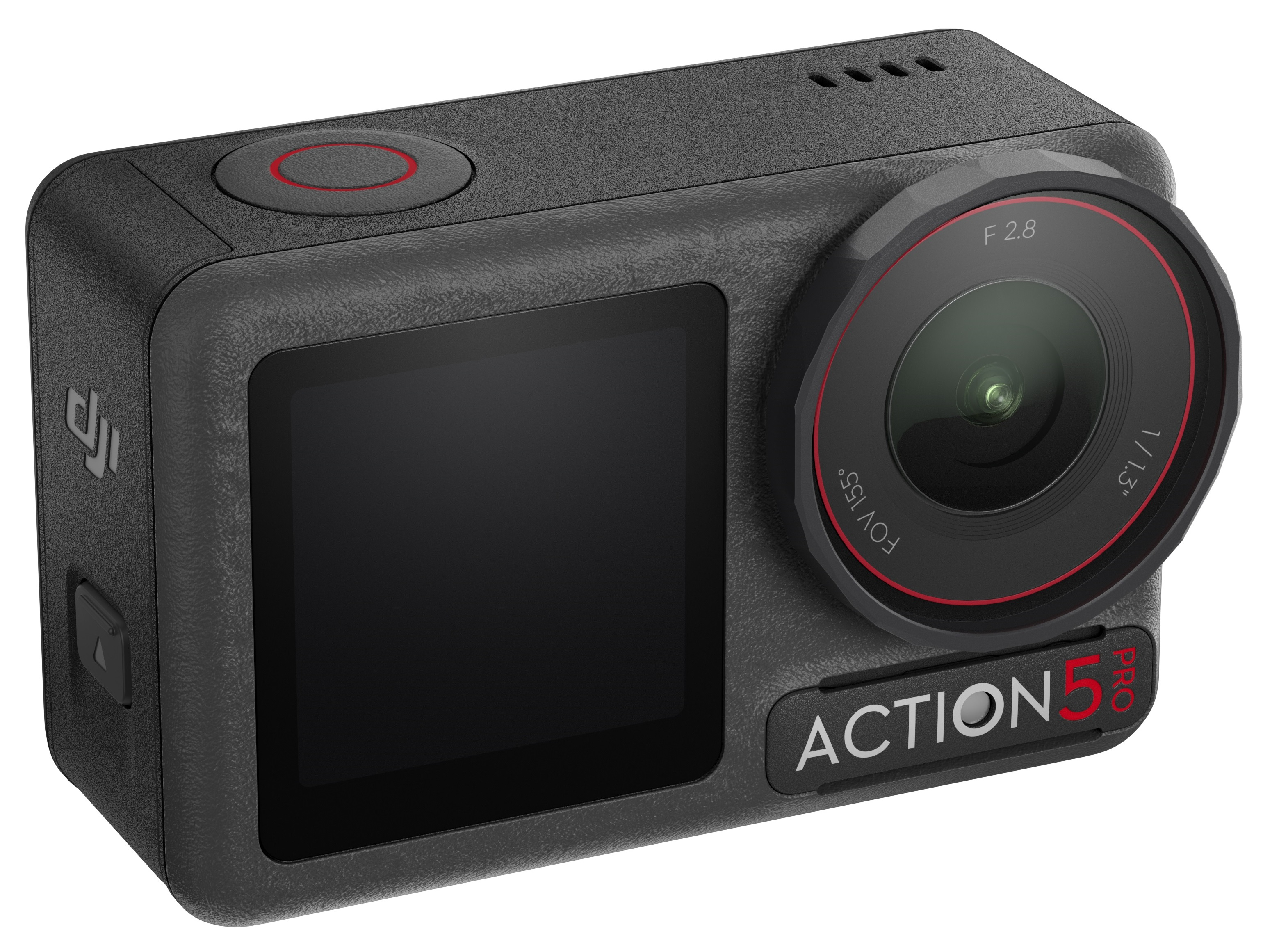 Czarna kamera sportowa z czerwonym przyciskiem i obiektywem na białym tle.