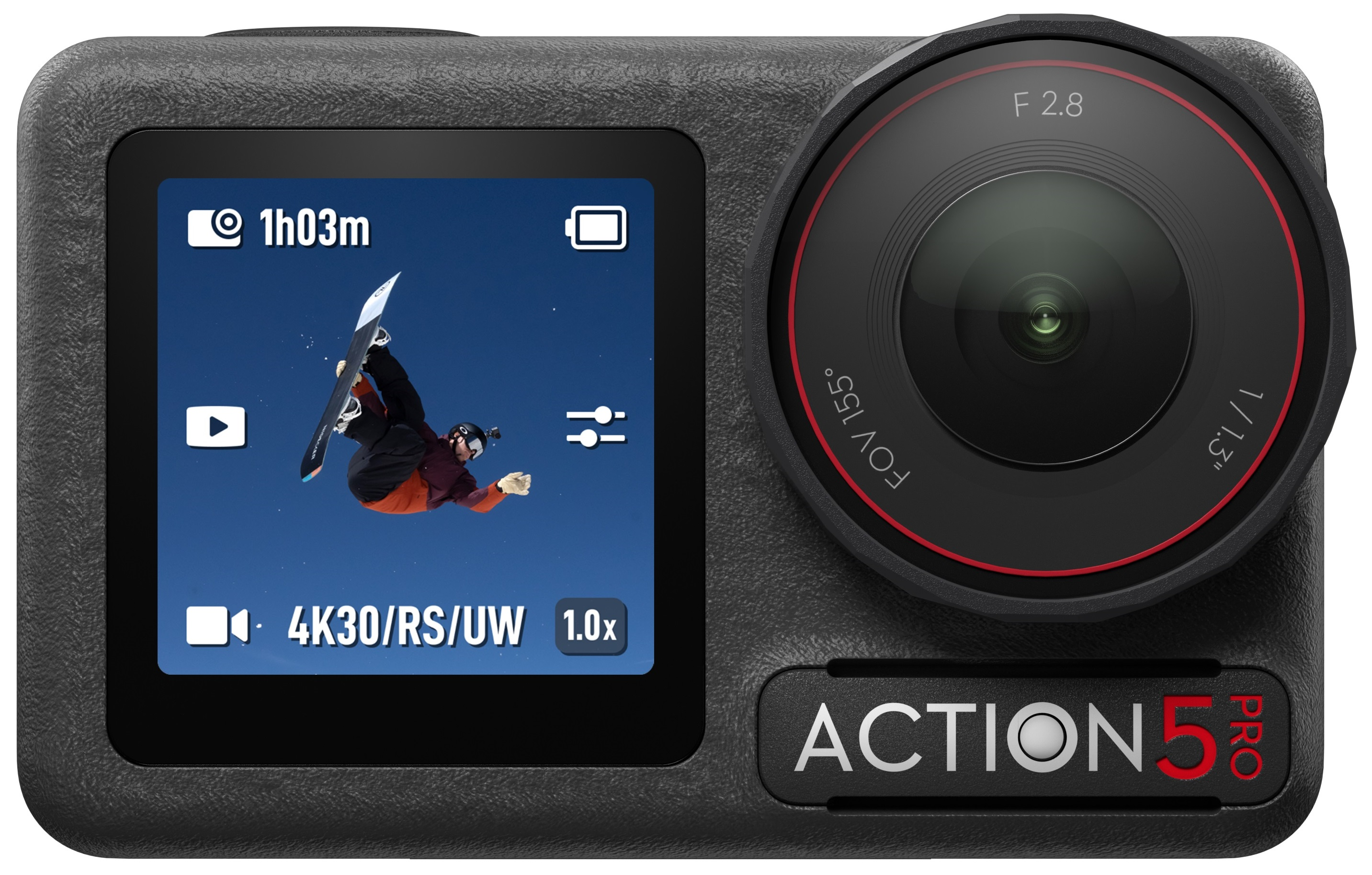 Czarna kamera Action 5 Pro pokazująca snowboardzistę, z danymi na ekranie.