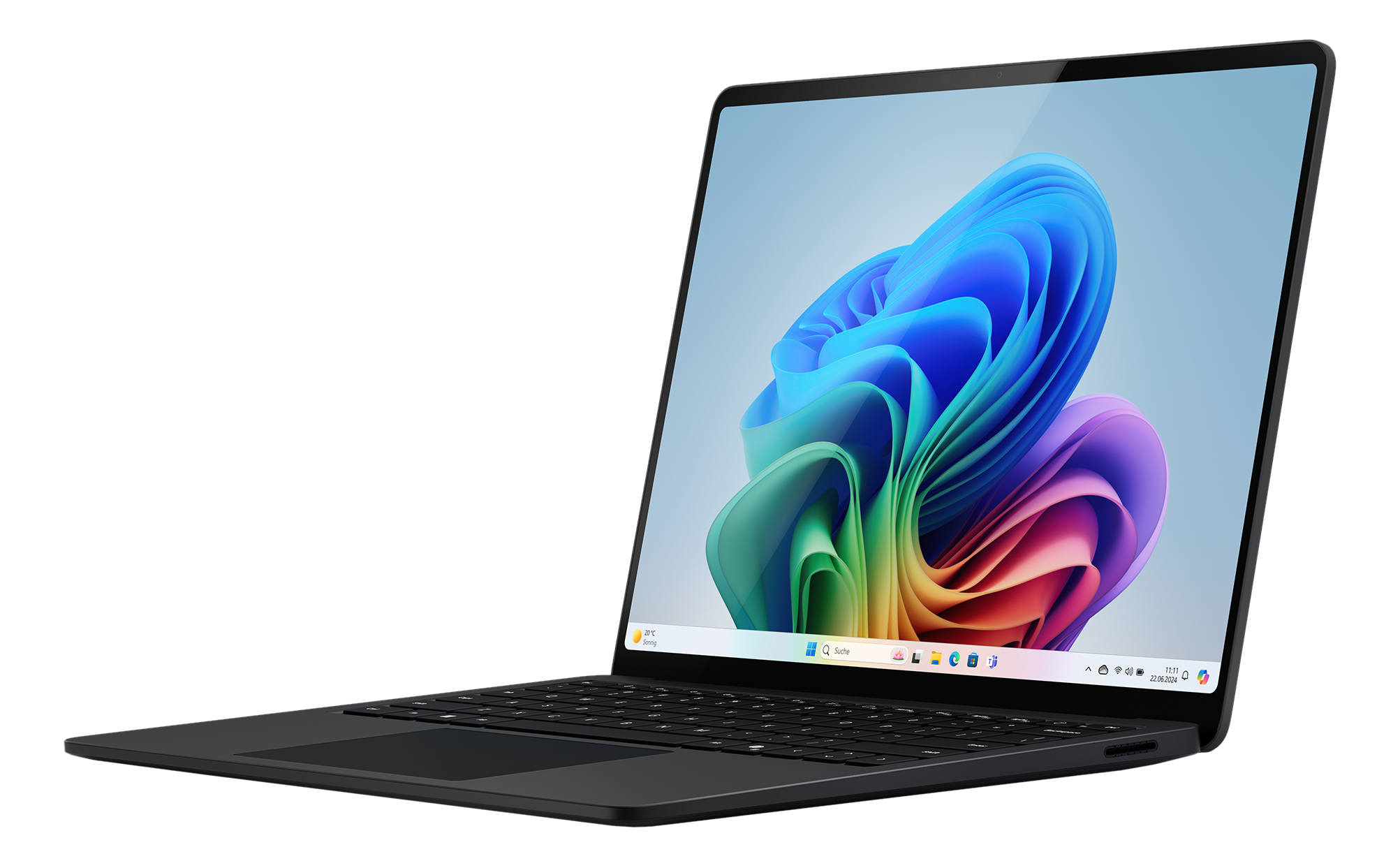 Laptop nero con schermo aperto che mostra un'immagine astratta colorata. Sfondo scuro.