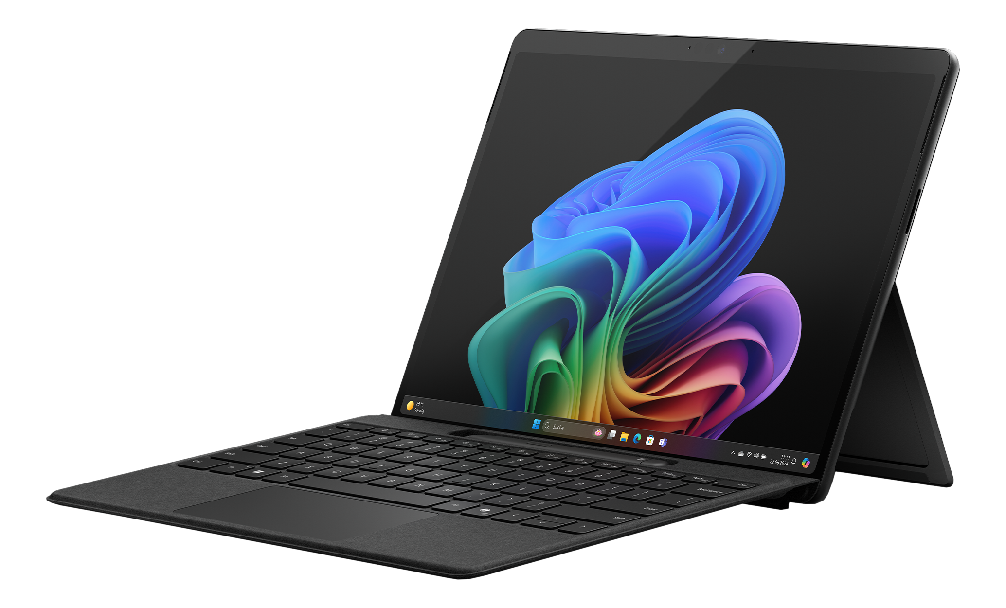 Schwarzer Laptop mit farbenfrohem Bildschirm, Tastatur und Ständer. Schwarzer Hintergrund.