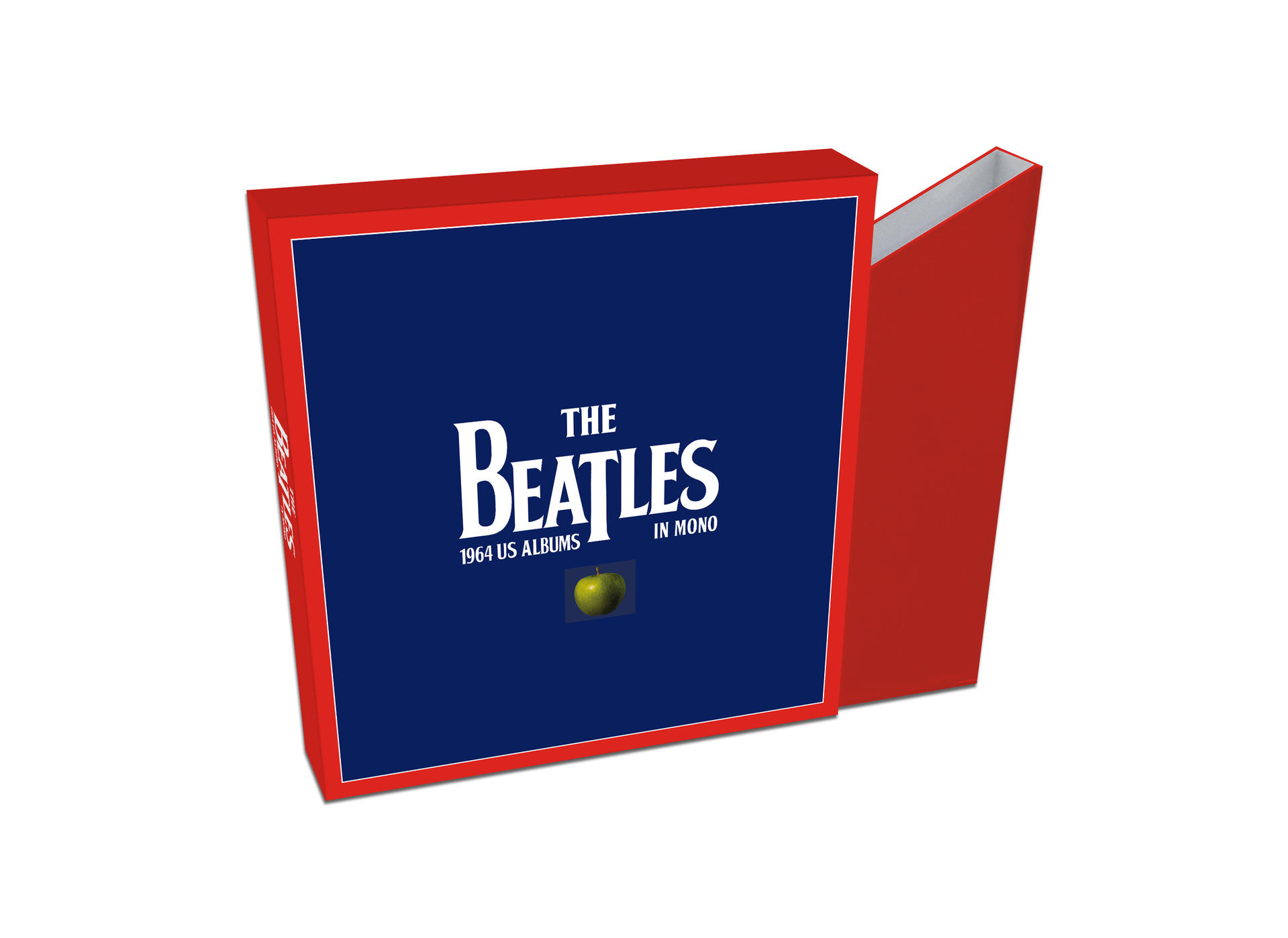 A Beatles albumainak piros és kék dobozkészlete, zöld alma logóval.