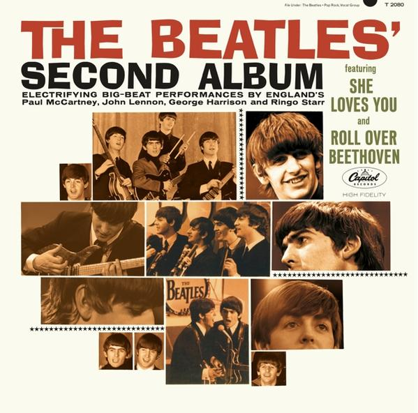 A Beatles Second Album borítója, a zenekar képeivel, szöveggel és a Capitol Records logójával.
