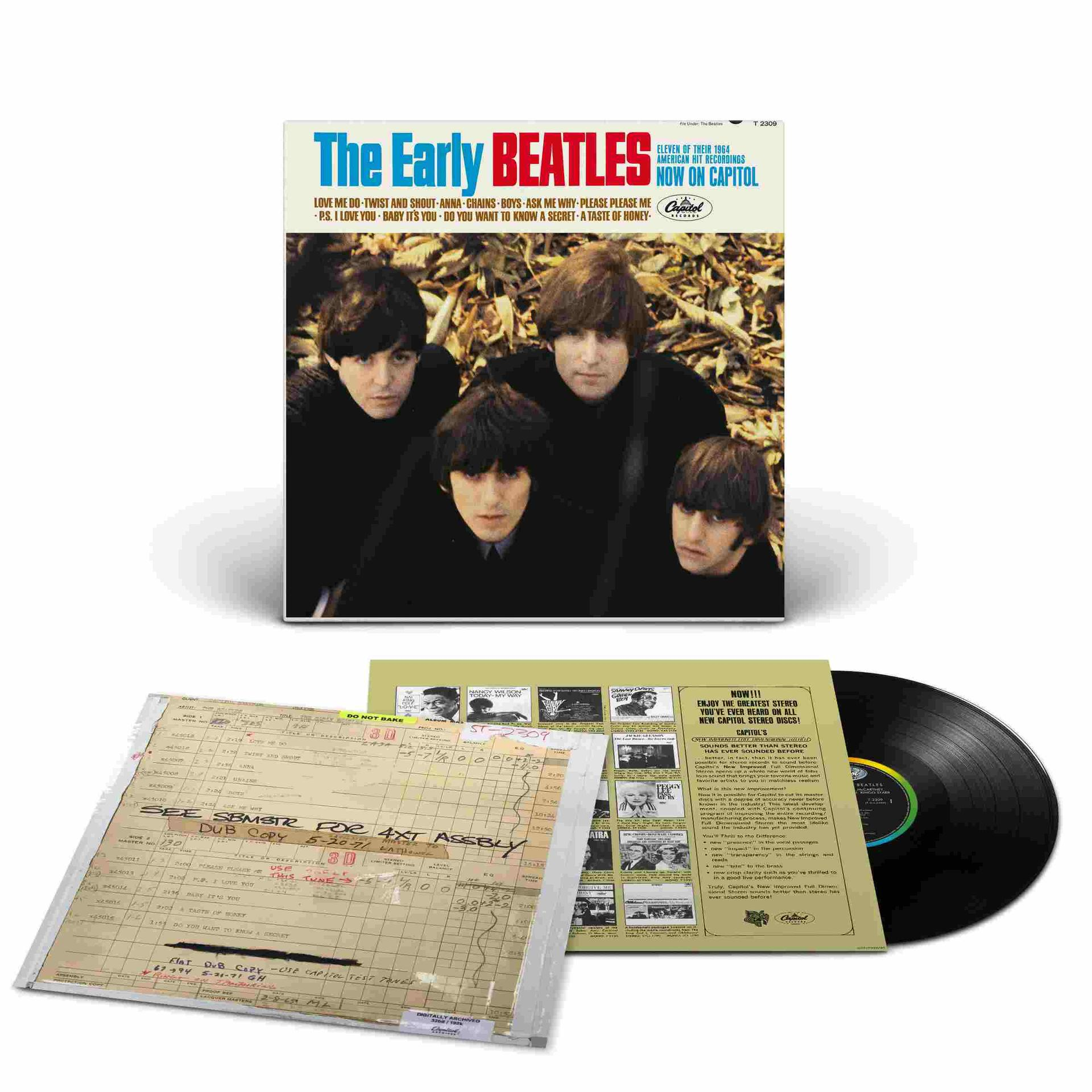 A The Early Beatles album borítója. A Beatles feketében. Album más tárgyak előtt.
