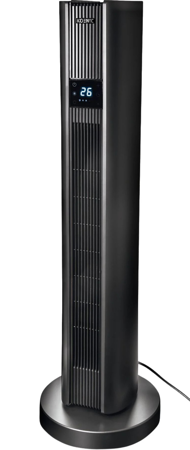 Wysoki czarny wentylator wieżowy Koenic z wyświetlaczem cyfrowym i okrągłą podstawą. Czarne tło.