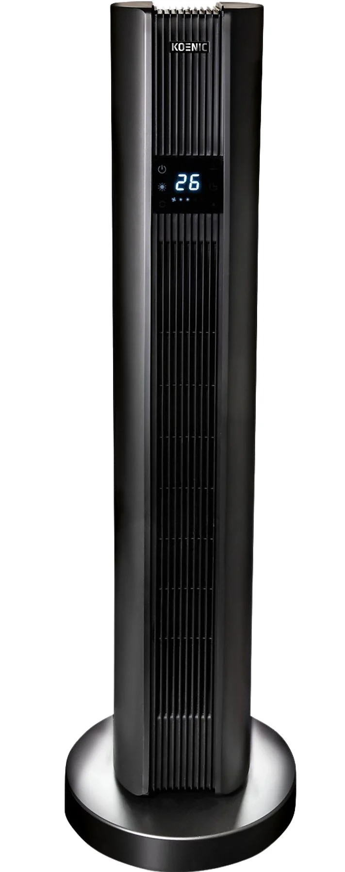 Czarny wentylator wieżowy z wyświetlaczem. Czarny, wysoki, z okrągłą podstawą, z wyświetlaczem cyfrowym.