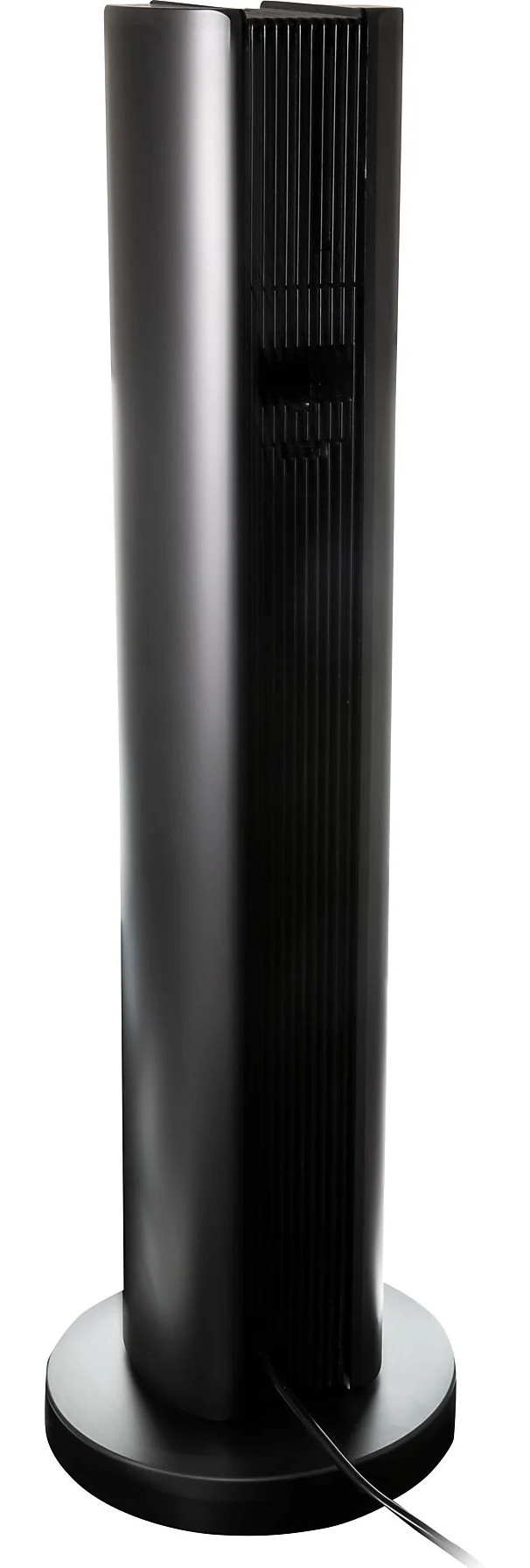 Wysoki, czarny, cylindryczny wentylator z zaokrągloną podstawą, stojący pionowo na białym tle.