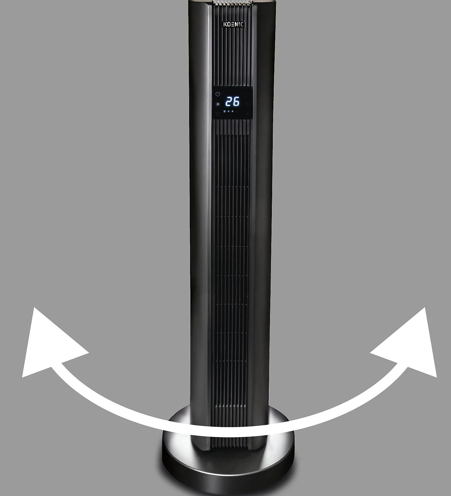 Czarny wentylator wieżowy z wyświetlaczem cyfrowym. Białe strzałki wskazują oscylujący przepływ powietrza.