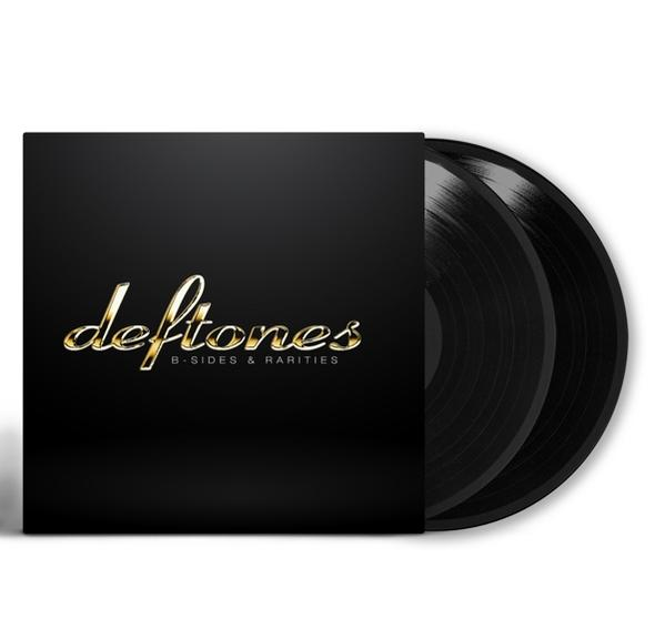 Albumcover: 'Deftones, B-Sides & Rarities' in goldener Schrift auf schwarzem Hintergrund, mit Schallplatten.