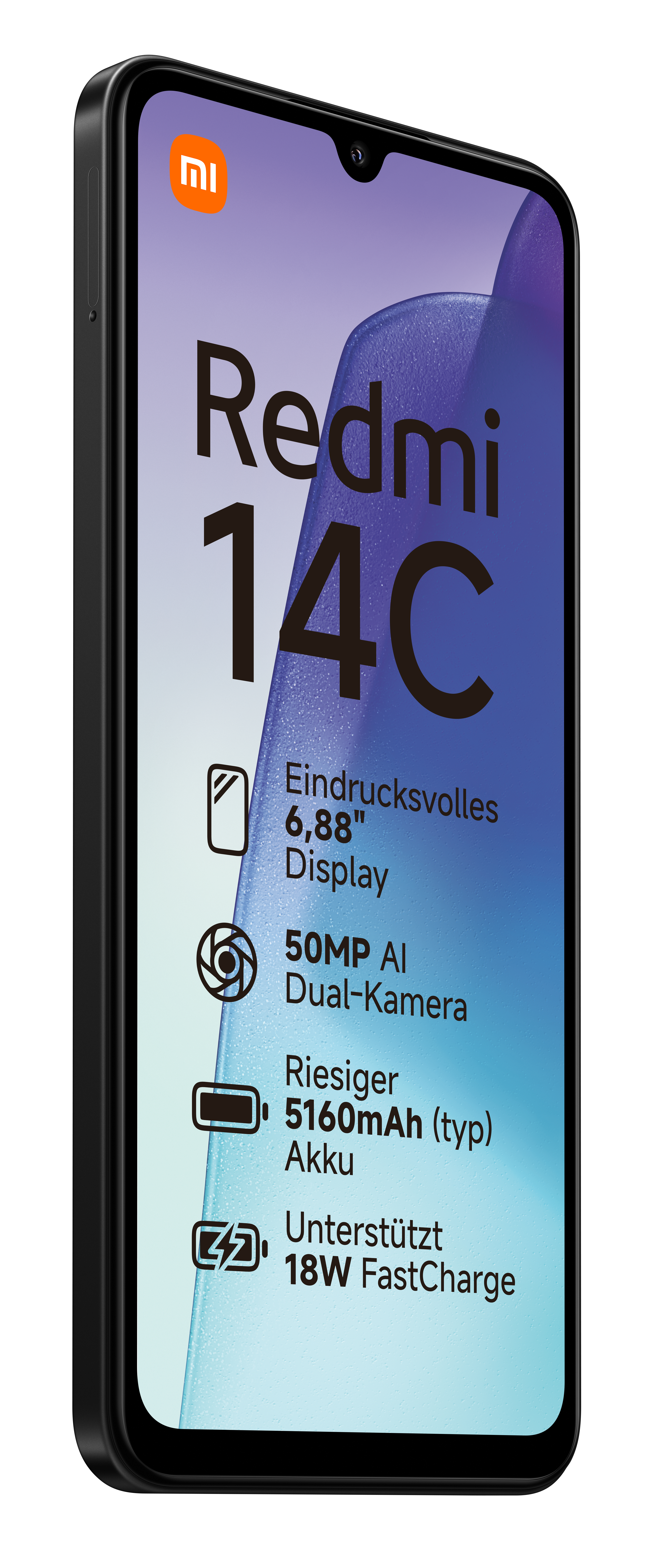 Ein schwarzes Smartphone mit einem Bildschirm, der einen Farbverlauf und Symbole zeigt, vor einem weißen Hintergrund.