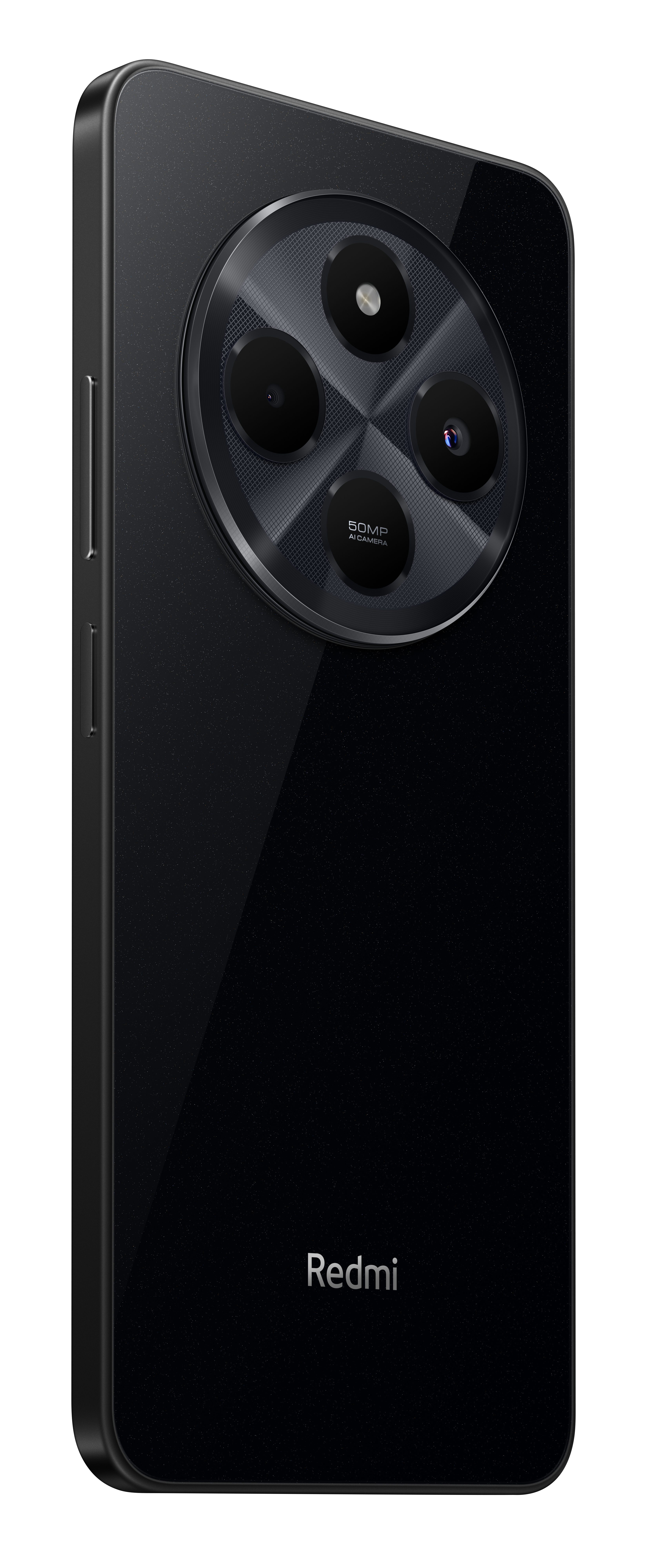Schwarze Telefonrückseite mit Kamera-Array, Redmi-Logo und strukturierter Oberfläche.
