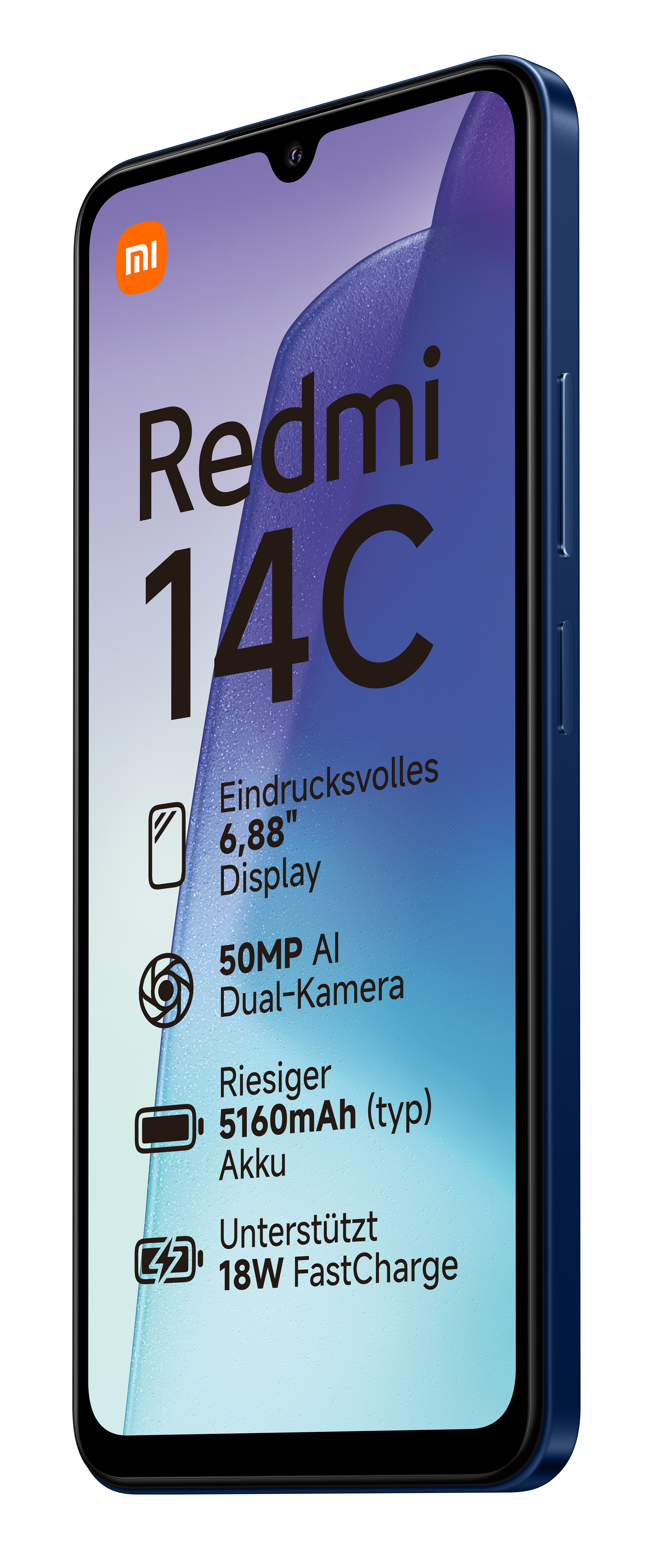 Blaues Redmi 14C Smartphone auf weißem Hintergrund. Display zeigt Spezifikationen und Symbole, schräge Ansicht.
