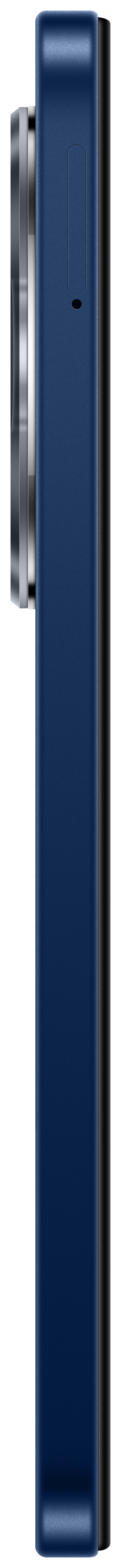 Blaues Telefon, Seitenansicht, mit Kameralinse. Mit Knöpfen und schlankem Design.