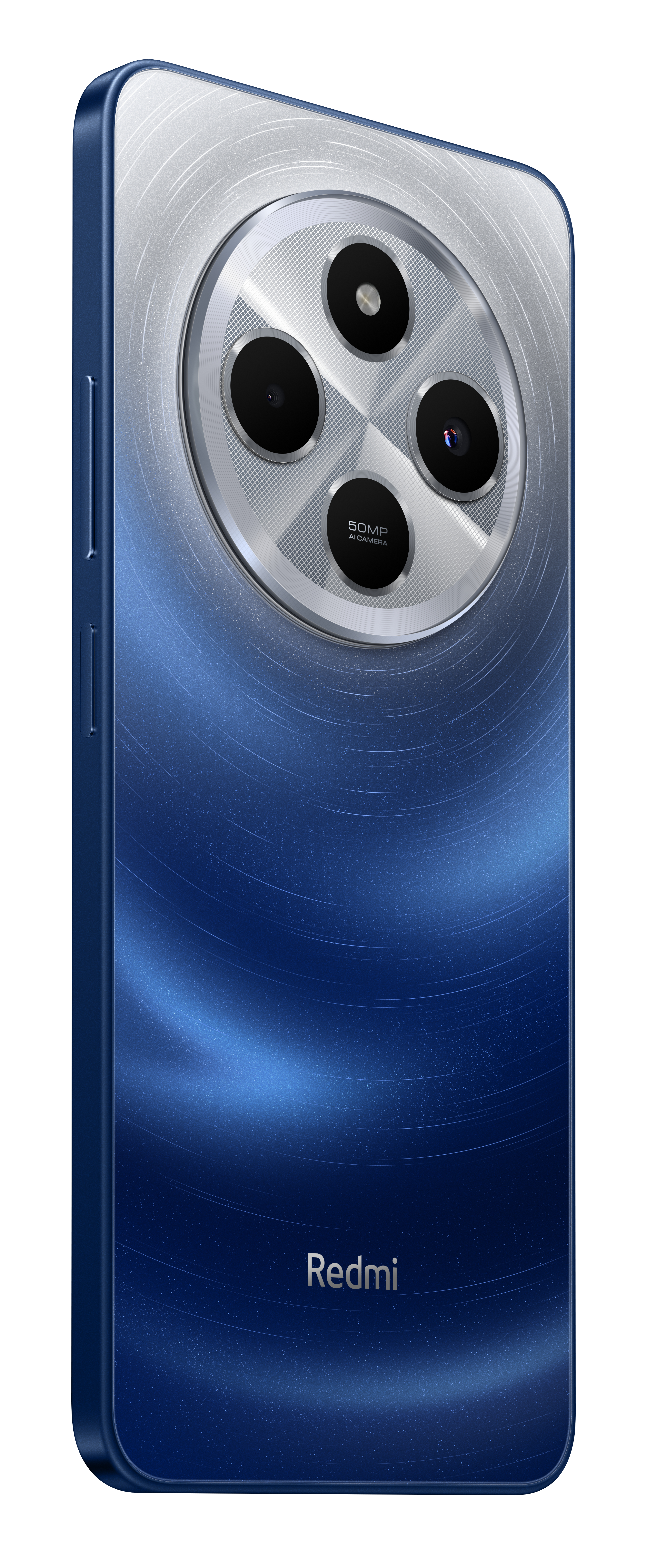 Blaues Smartphone mit Farbverlauf, kreisförmigem Kameramodul und drei Linsen.