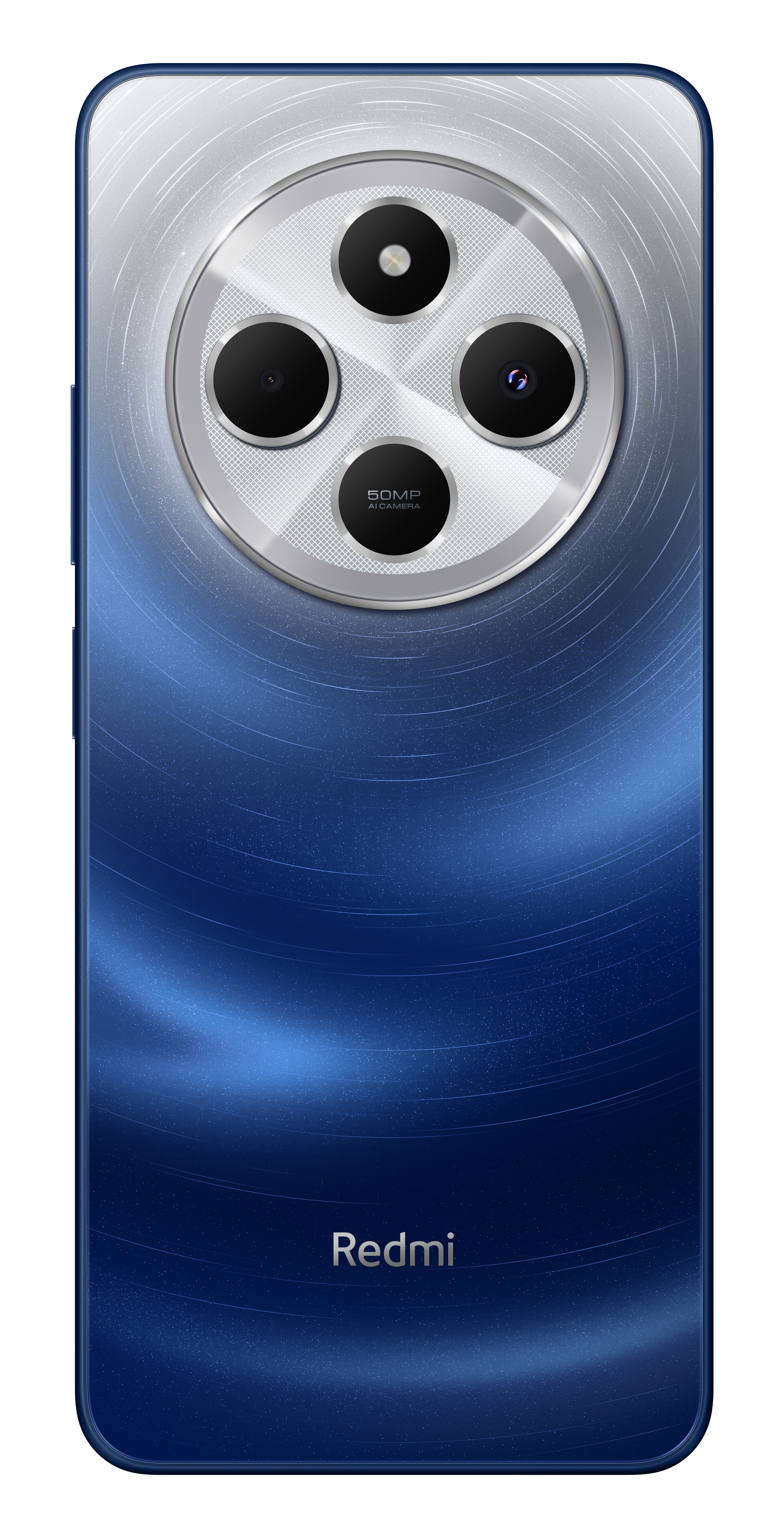 Blauer Telefonrücken, silberner Kameraring, vier Linsen, Redmi-Logo.