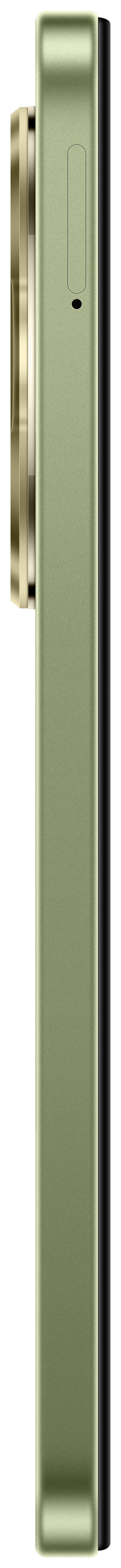 Grünes Telefon mit großem Kameramodul, goldenem Kameraring und schwarzem Rahmen.