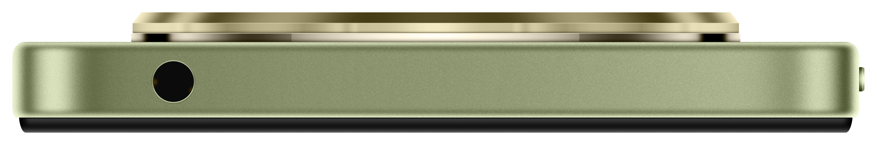 Ein grünes Gerät mit goldenem Oberteil und schwarzem Sockel, mit einem Loch auf der linken Seite.