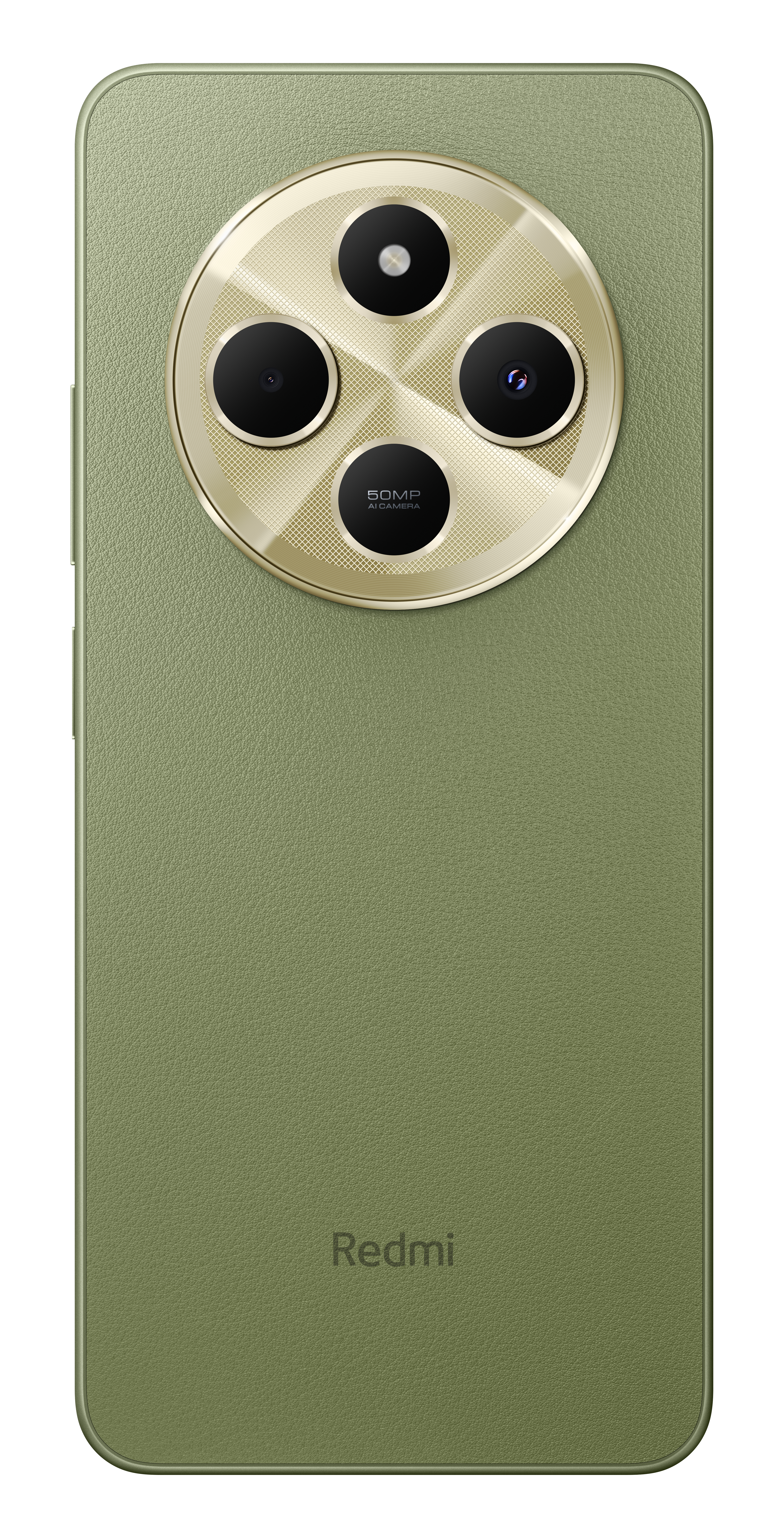 Rückseite des Redmi-Telefons. Grün mit goldfarbenem Kameramodul und Redmi-Logo. Weißer Hintergrund.